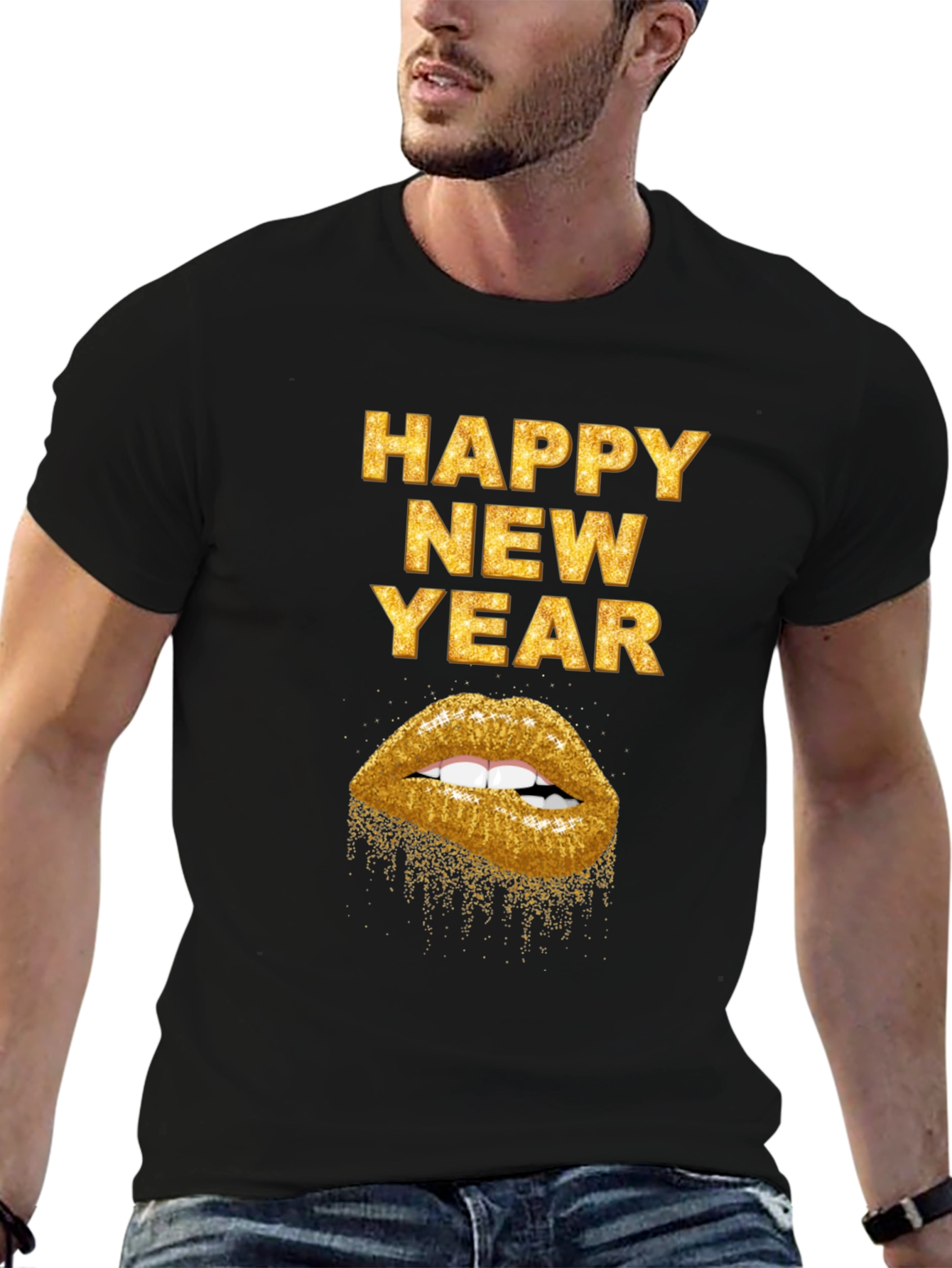 Camiseta Negra Feliz Año Nuevo con Labios Dorados