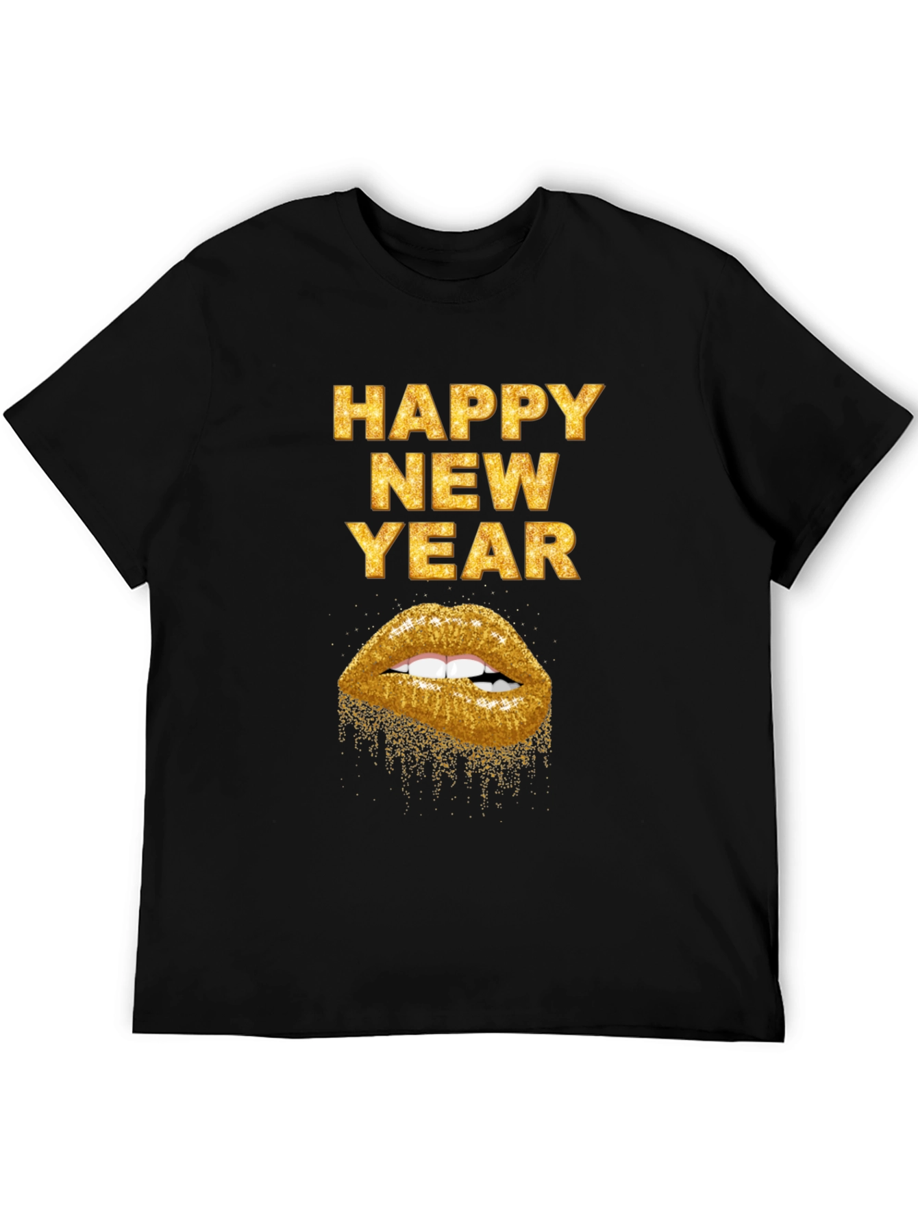 Camiseta Negra Feliz Año Nuevo con Labios Dorados