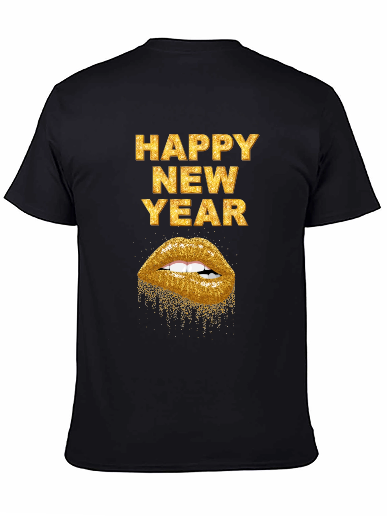 Camiseta Negra Feliz Año Nuevo con Labios Dorados