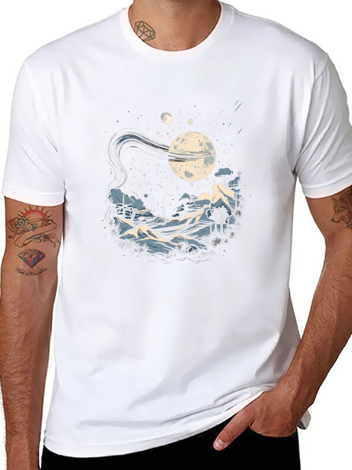 Camiseta Negra Hombre - Diseño Noche Estrellada