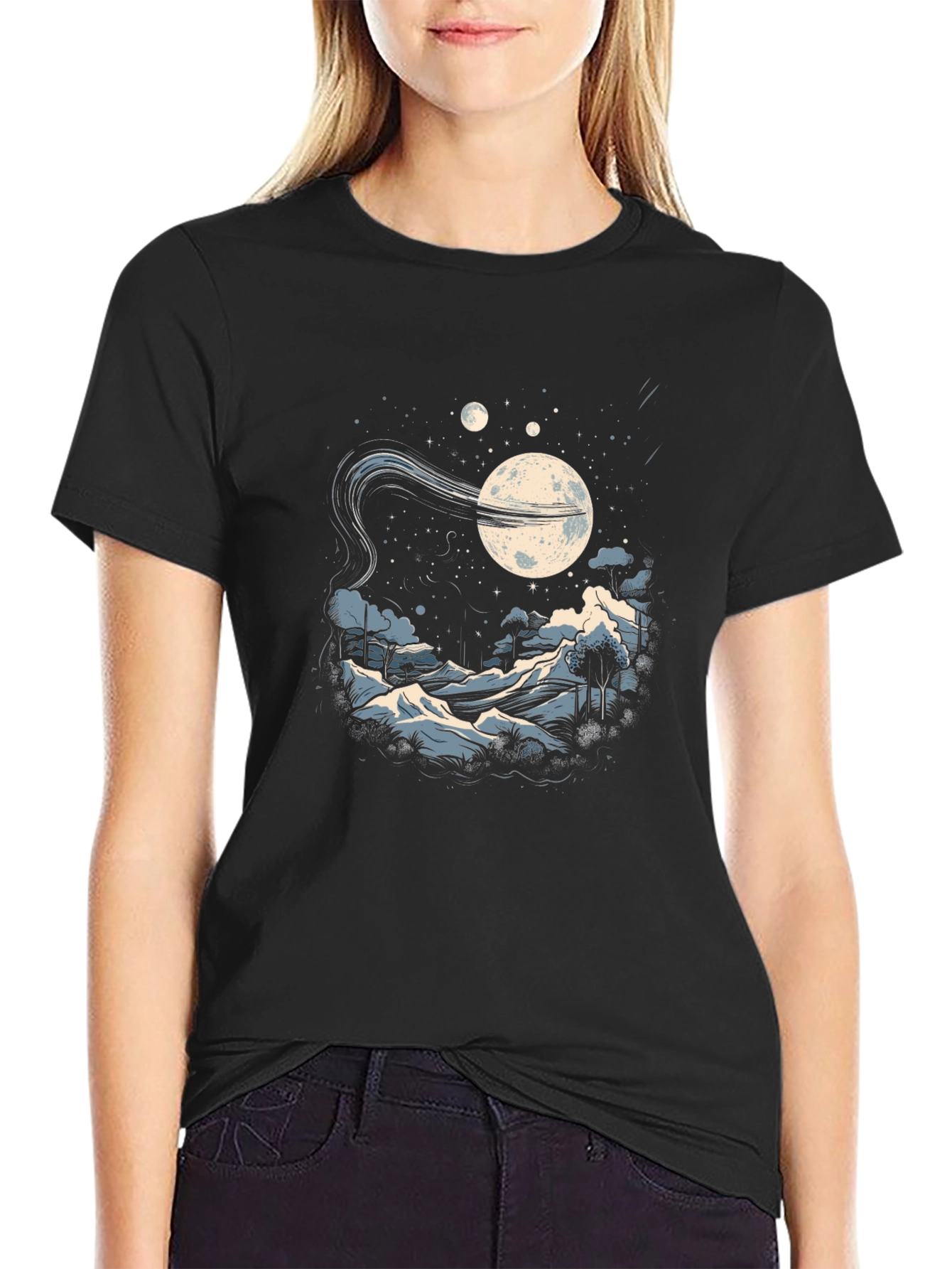 Camiseta Negra Hombre - Diseño Noche Estrellada