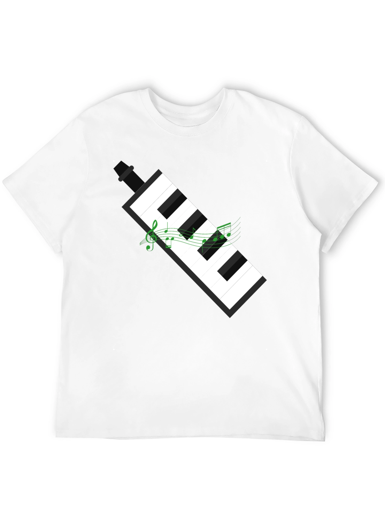 Camiseta Negra con Diseño de Teclado y Notas Musicales