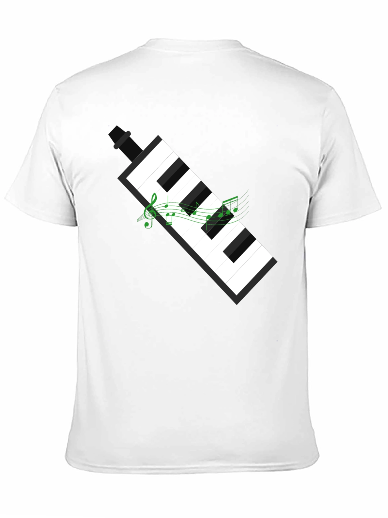 Camiseta Negra con Diseño de Teclado y Notas Musicales