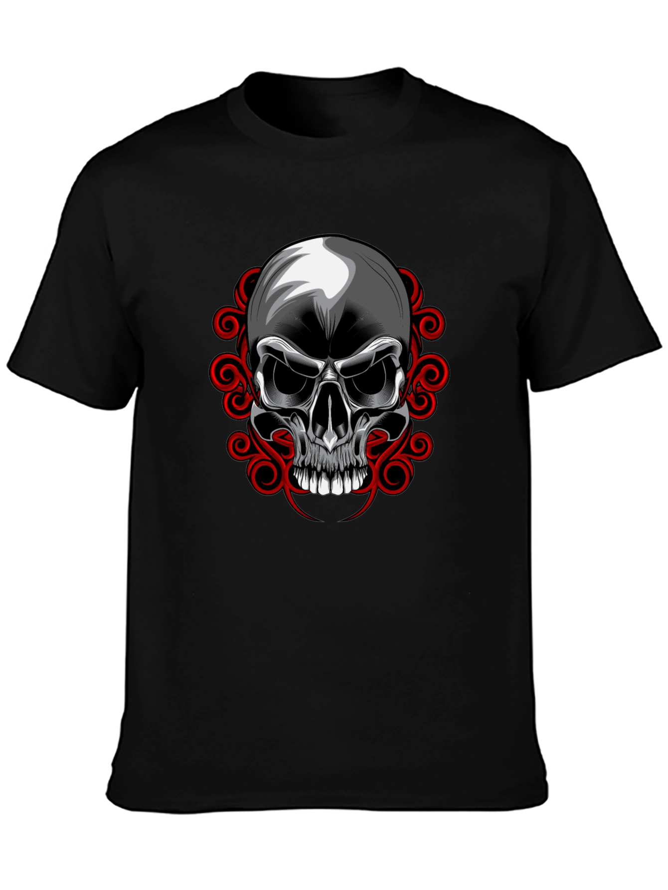 Camiseta Negra con Calavera y Adornos Rojos