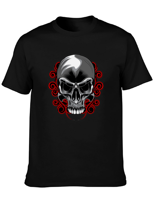 Camiseta Negra con Calavera y Adornos Rojos