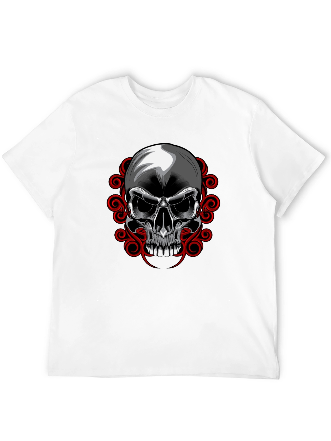 Camiseta Negra con Calavera y Adornos Rojos
