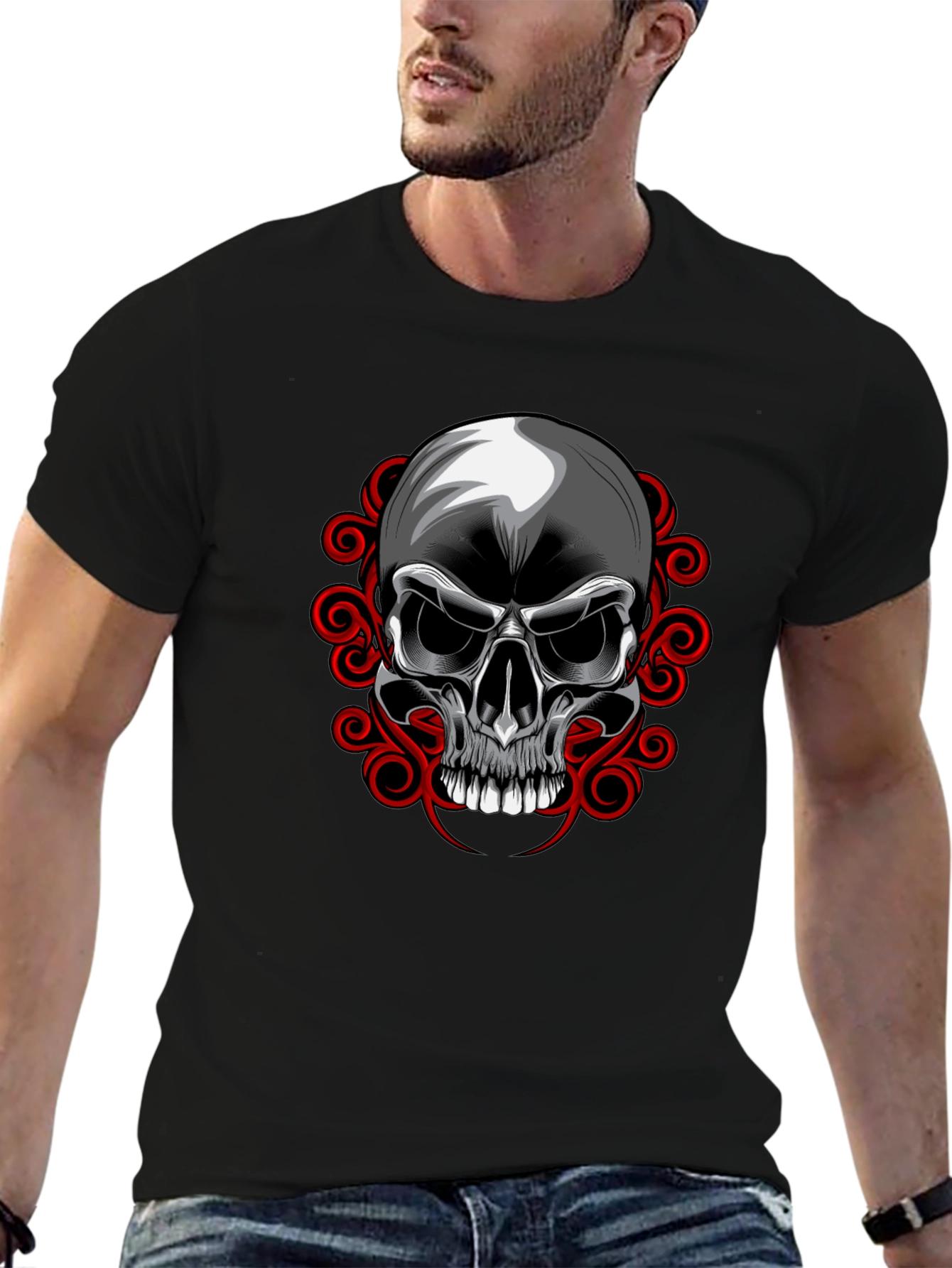Camiseta Negra con Calavera y Adornos Rojos