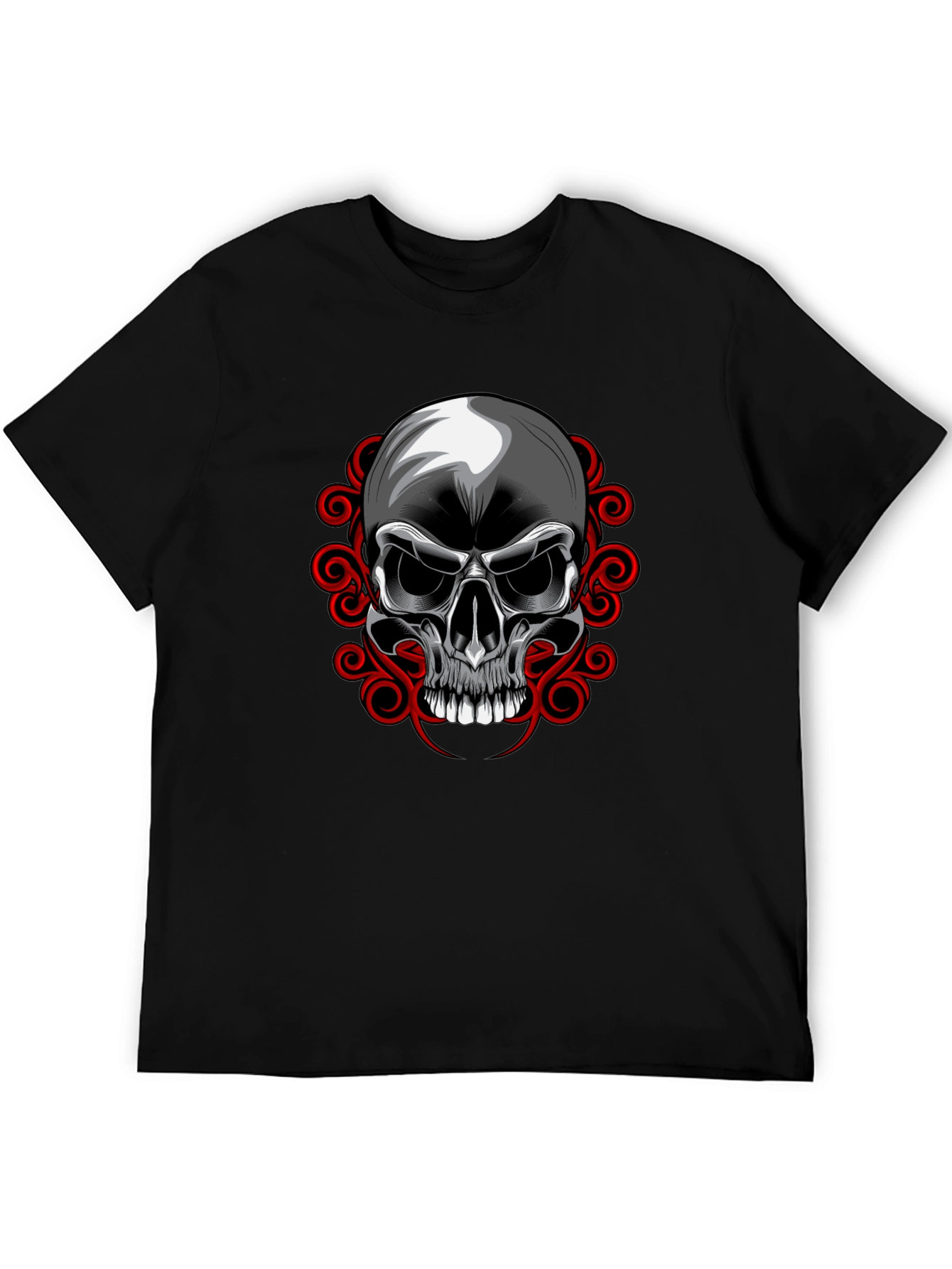 Camiseta Negra con Calavera y Adornos Rojos