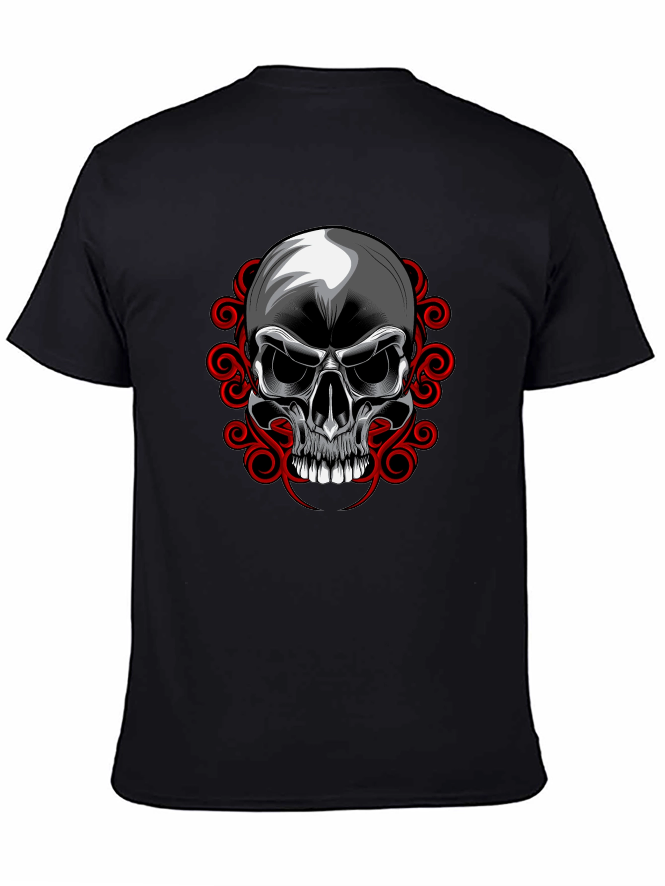 Camiseta Negra con Calavera y Adornos Rojos