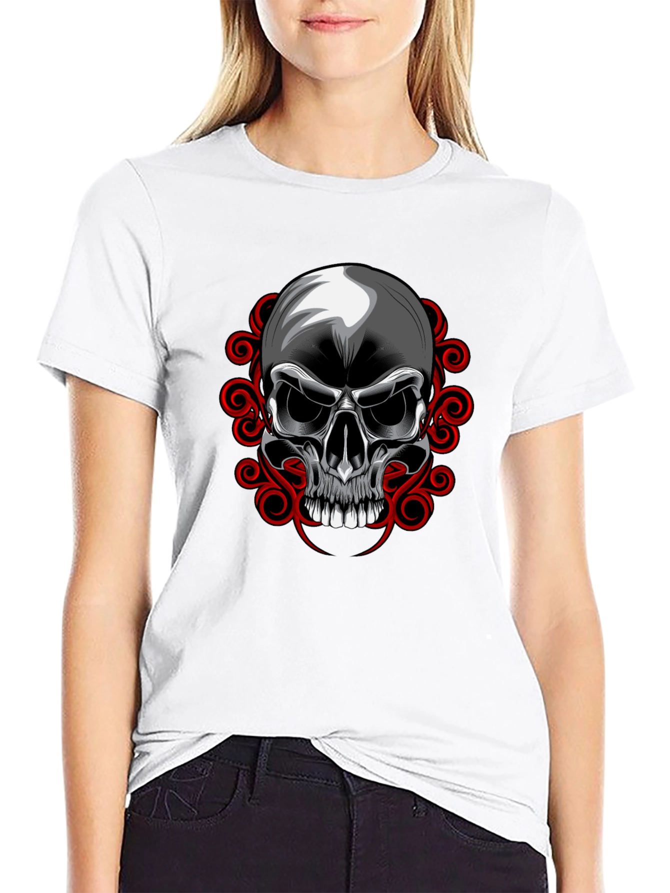 Camiseta Negra con Calavera y Adornos Rojos