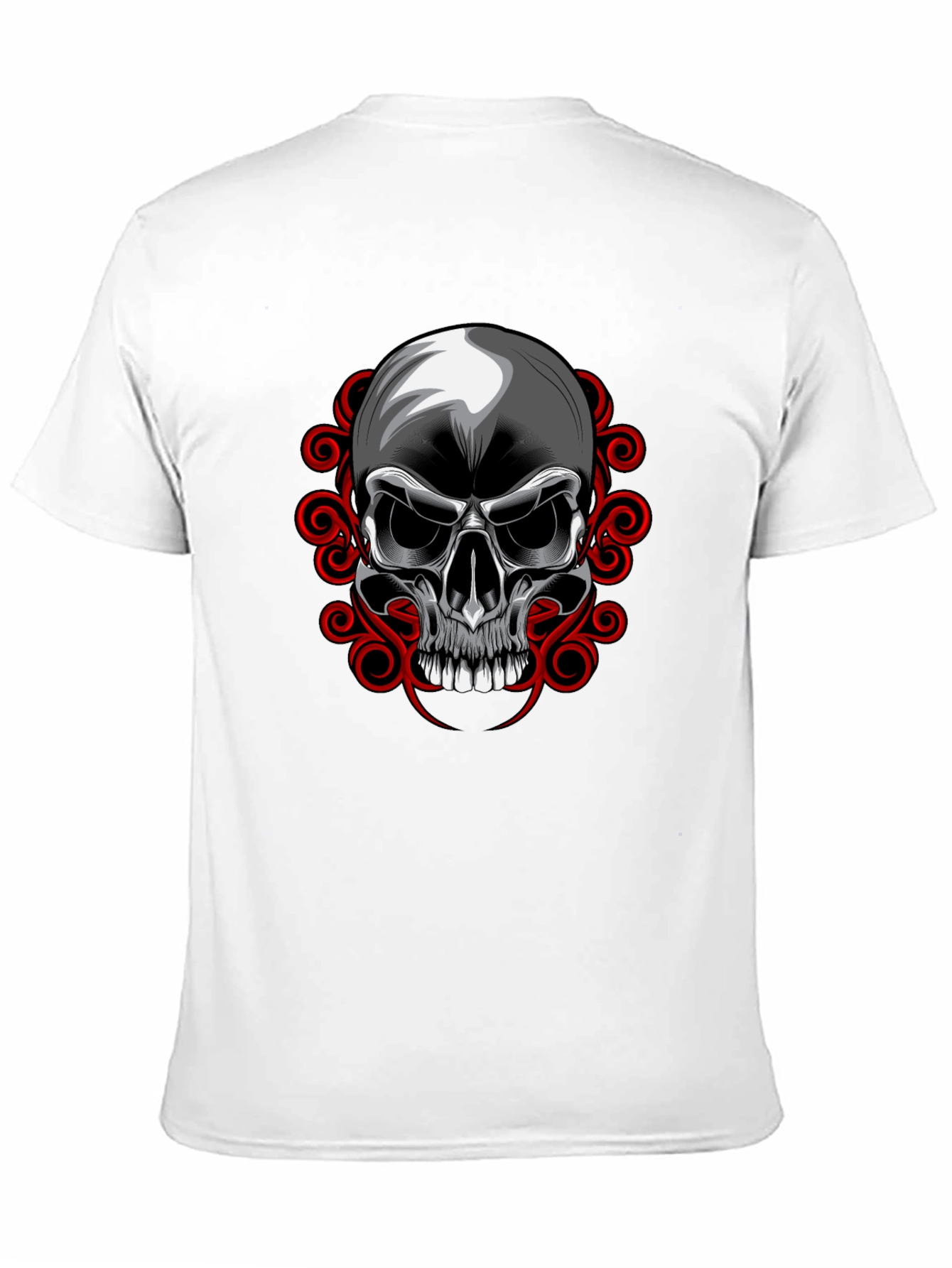 Camiseta Negra con Calavera y Adornos Rojos