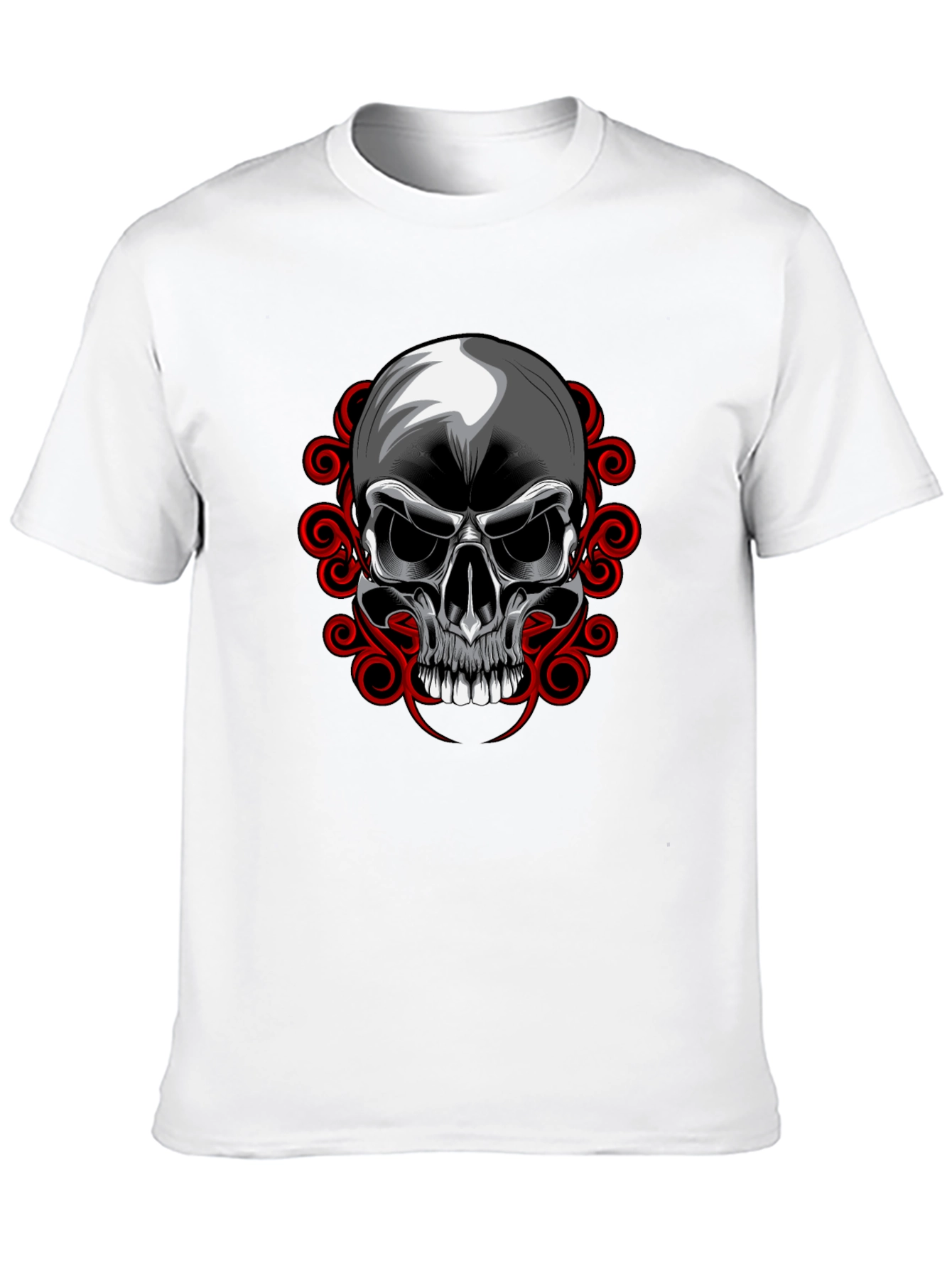 Camiseta Negra con Calavera y Adornos Rojos
