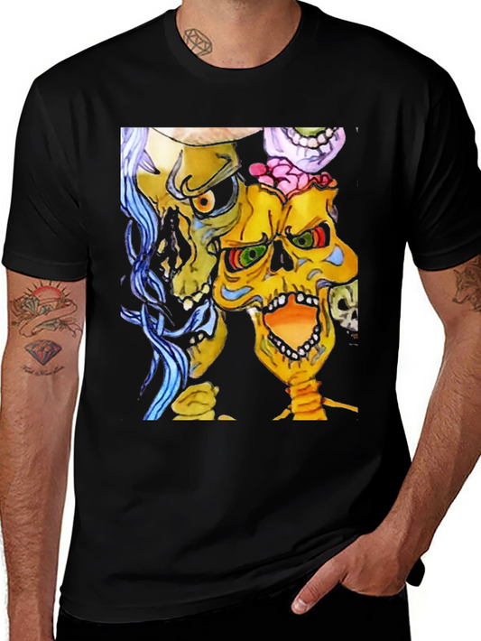 Camiseta Negra con Diseño de Calaveras Coloridas
