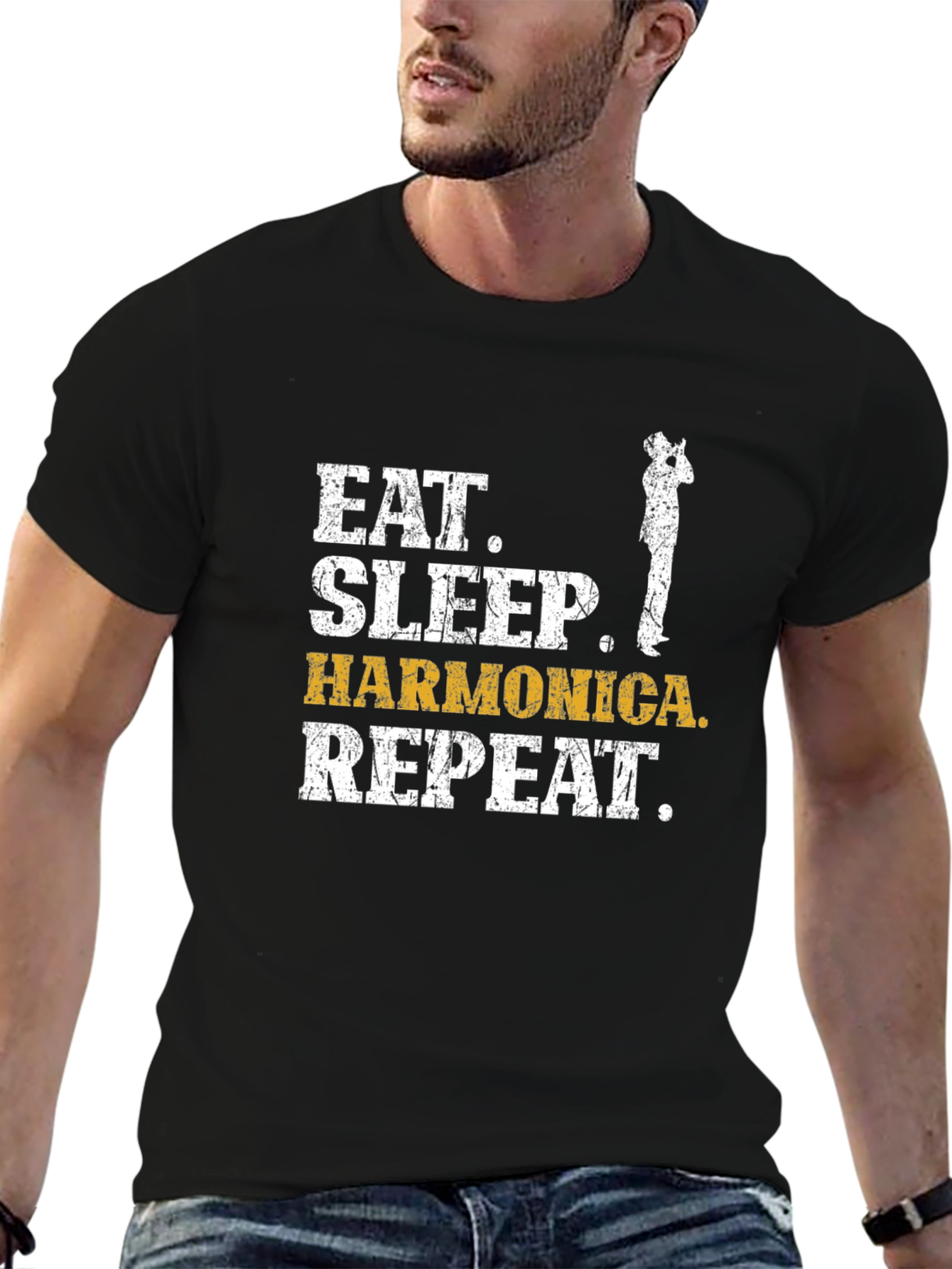 Camiseta Negra: Come Duerme Armónica Repite