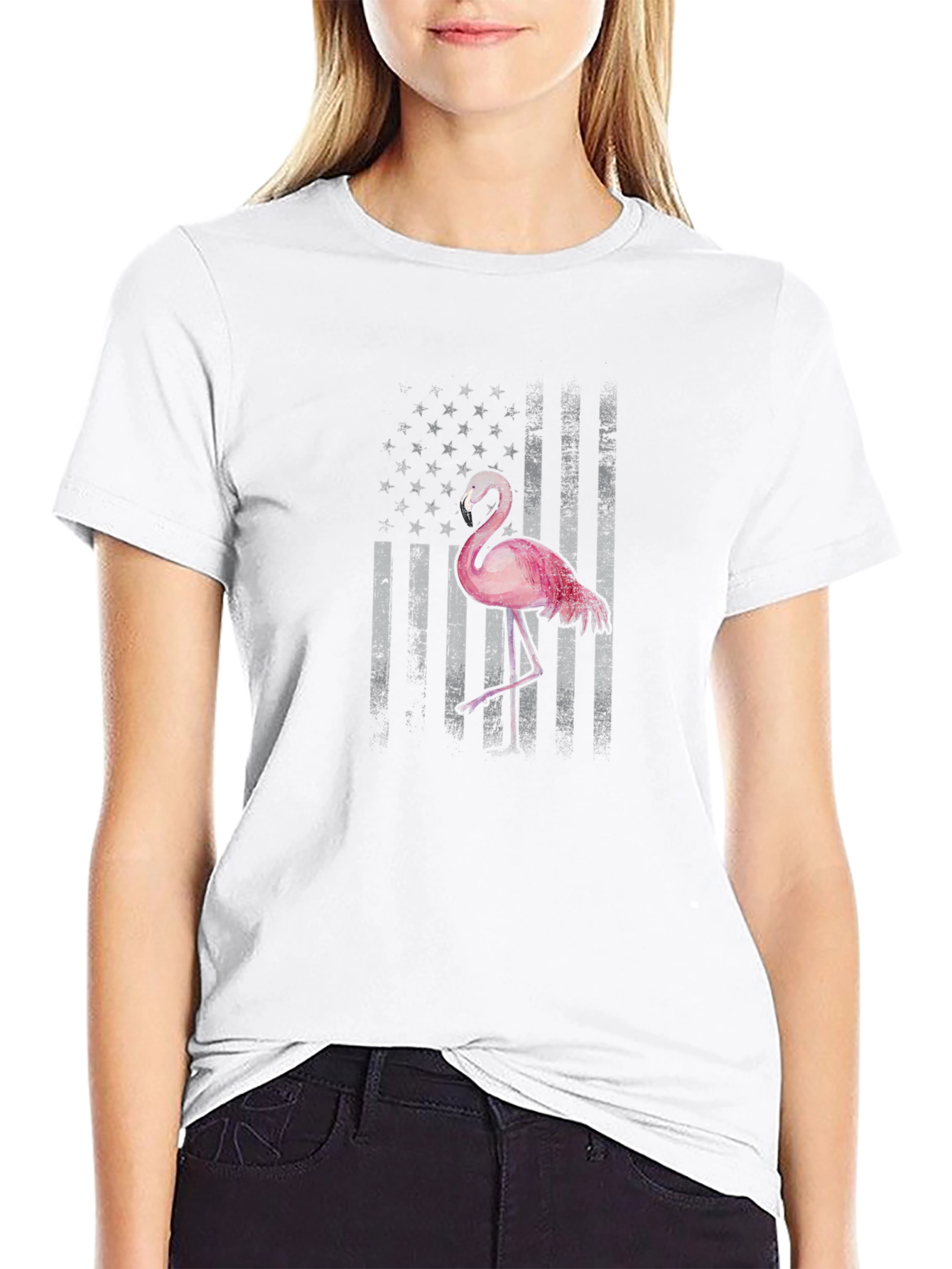 Camiseta Negra con Estampado de Bandera y Flamenco