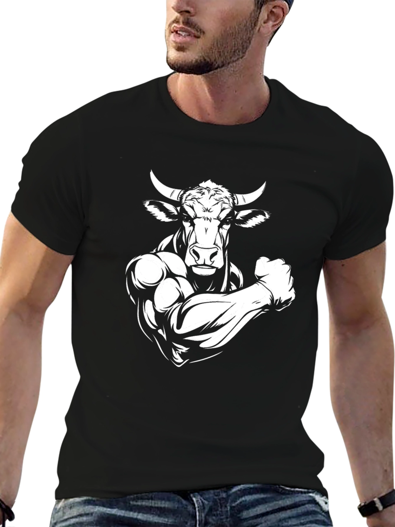 Camiseta Negra Toro Musculoso con Cuernos