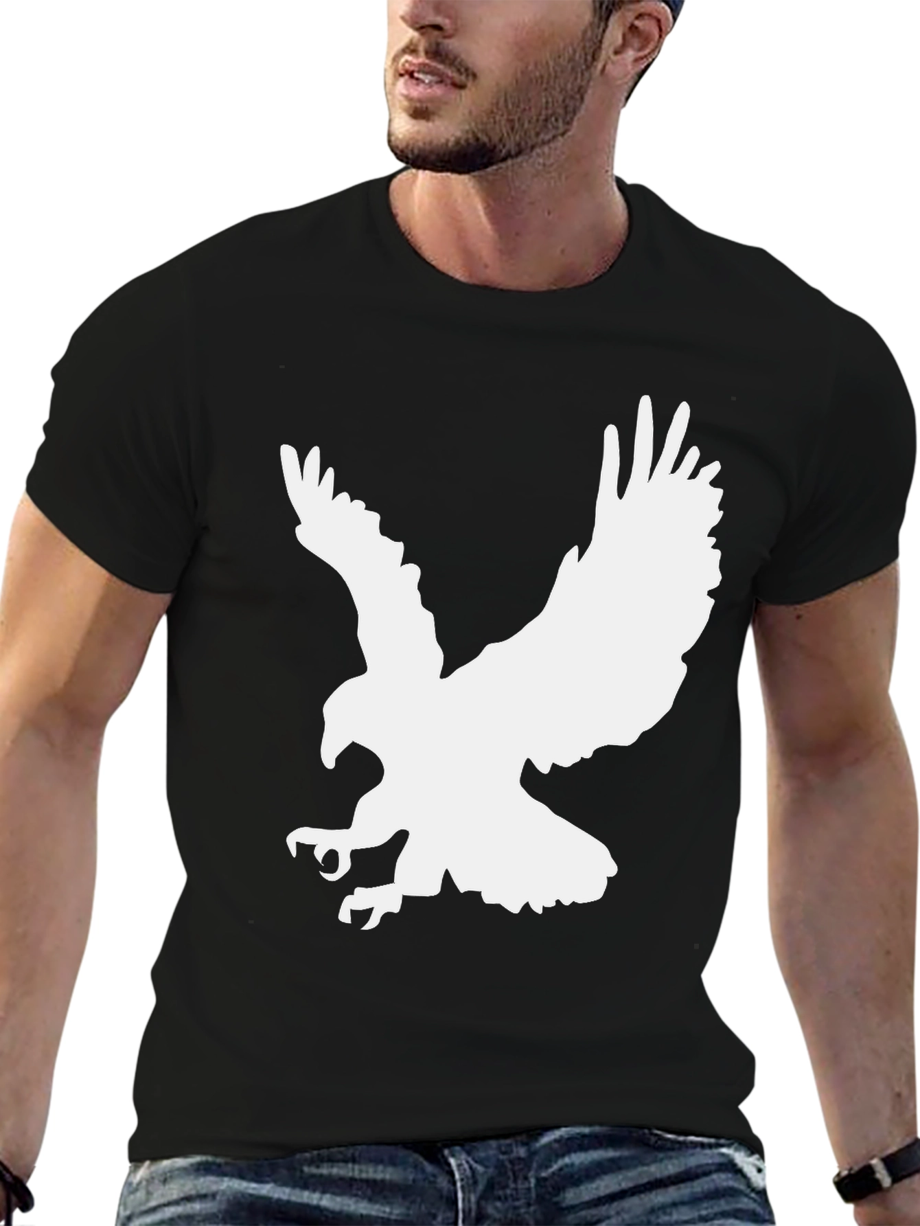 Camiseta Negra Hombre con Águila Blanca Estampada