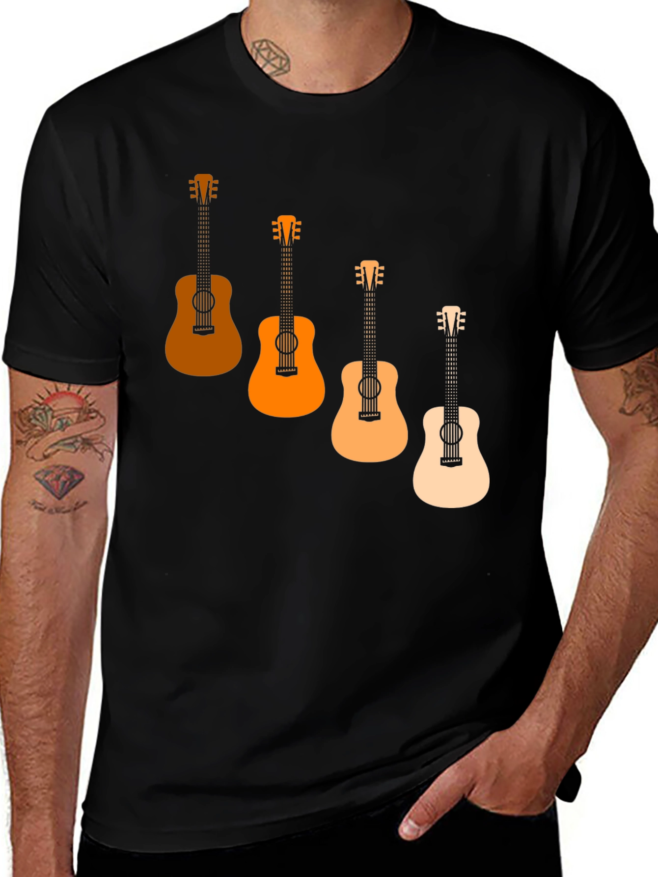 Camiseta Negra con Diseño de Guitarras Degradadas