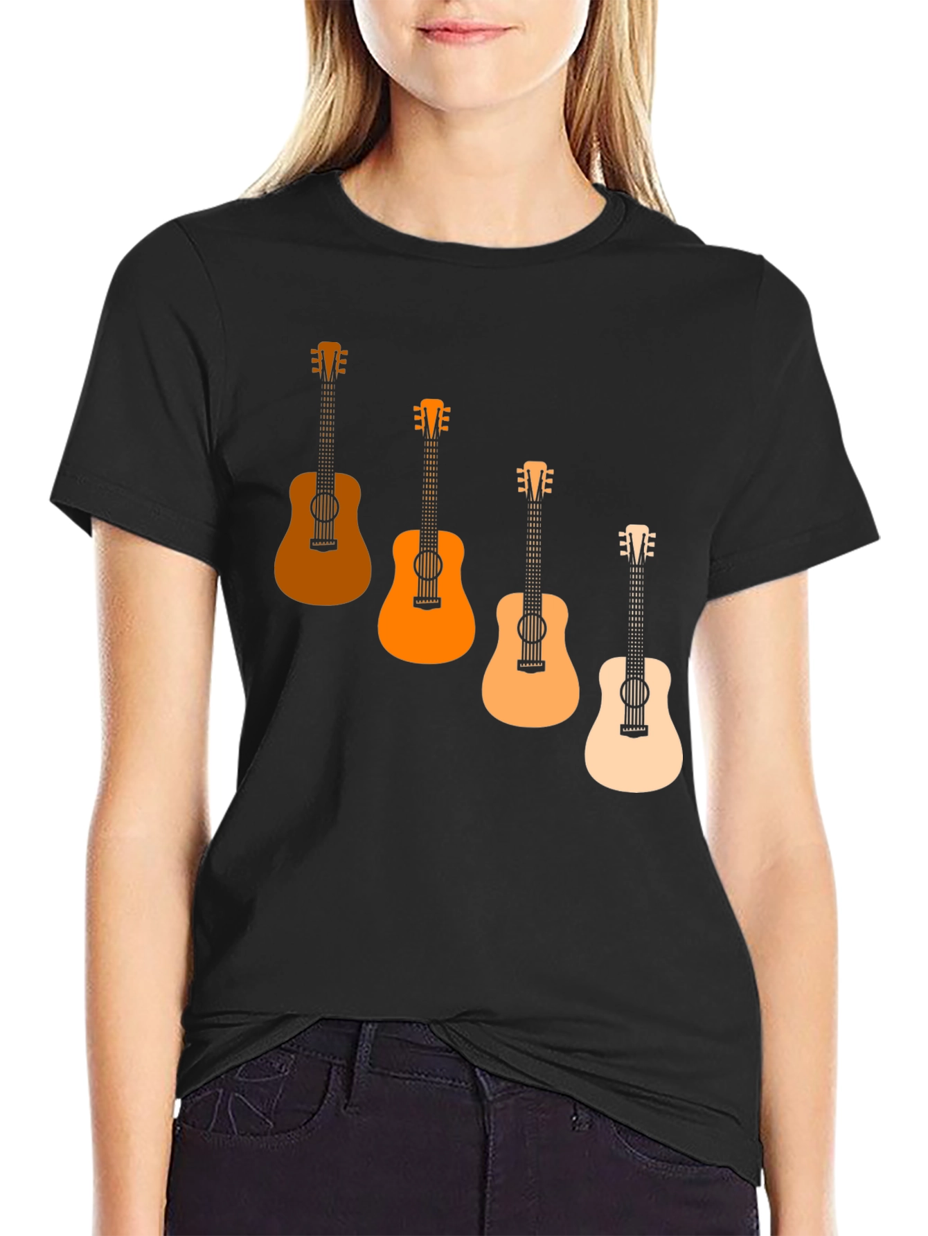 Camiseta Negra con Diseño de Guitarras Degradadas