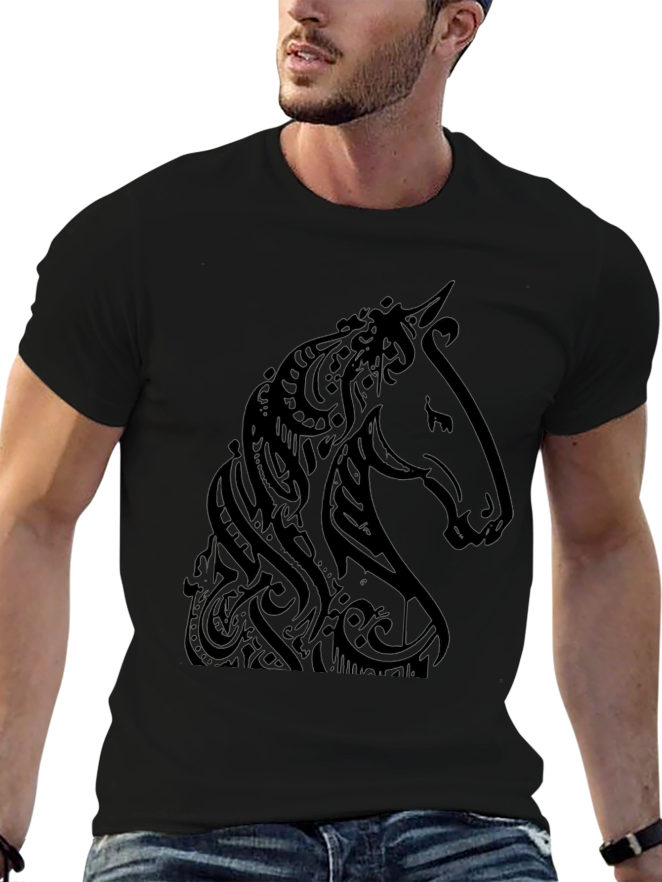 Camiseta Negra Estampado Cabeza de Caballo Tribal