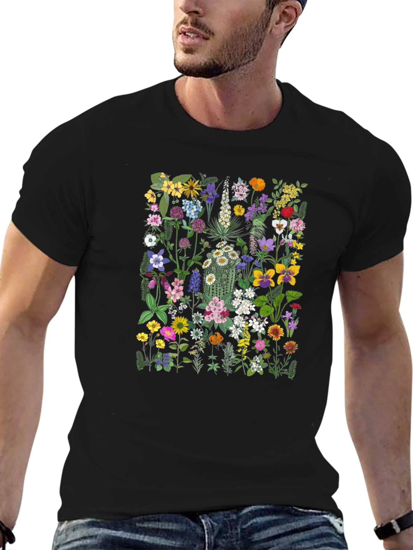 Camiseta Negra con Diseño Floral Único