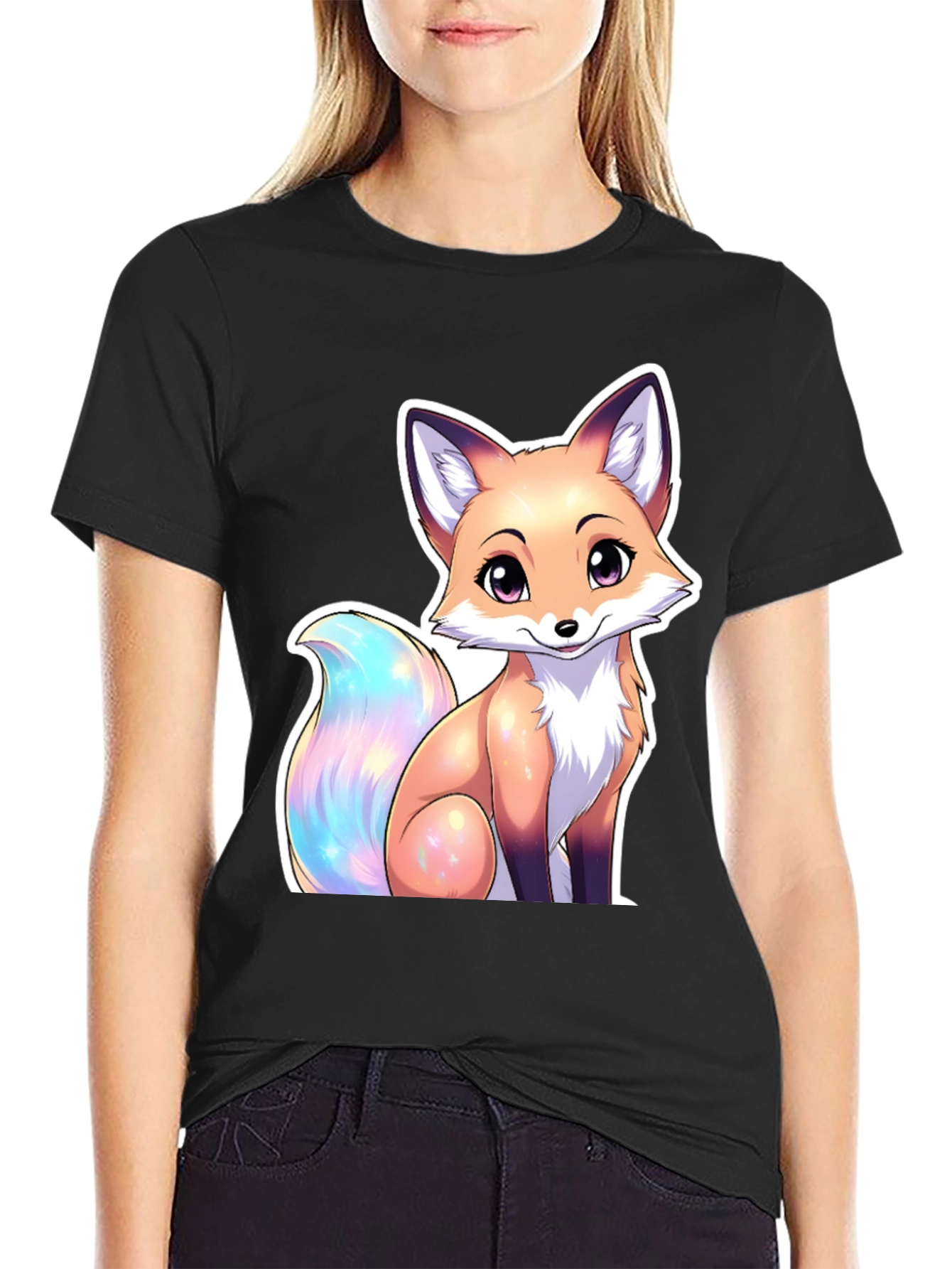 Camiseta Negra con Diseño de Zorro Kawaii
