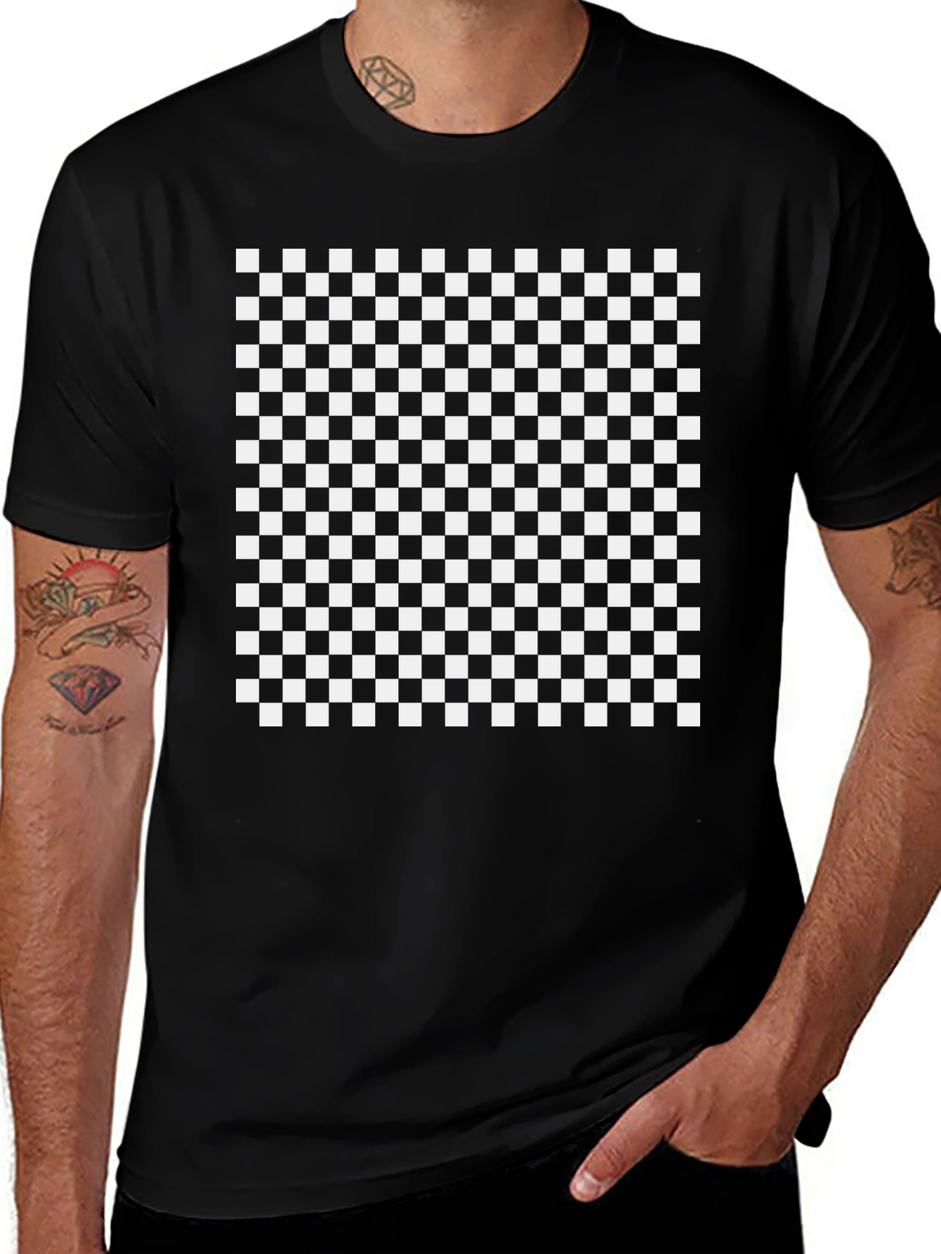 Camiseta Negra Estampado Damero Blanco/Negro