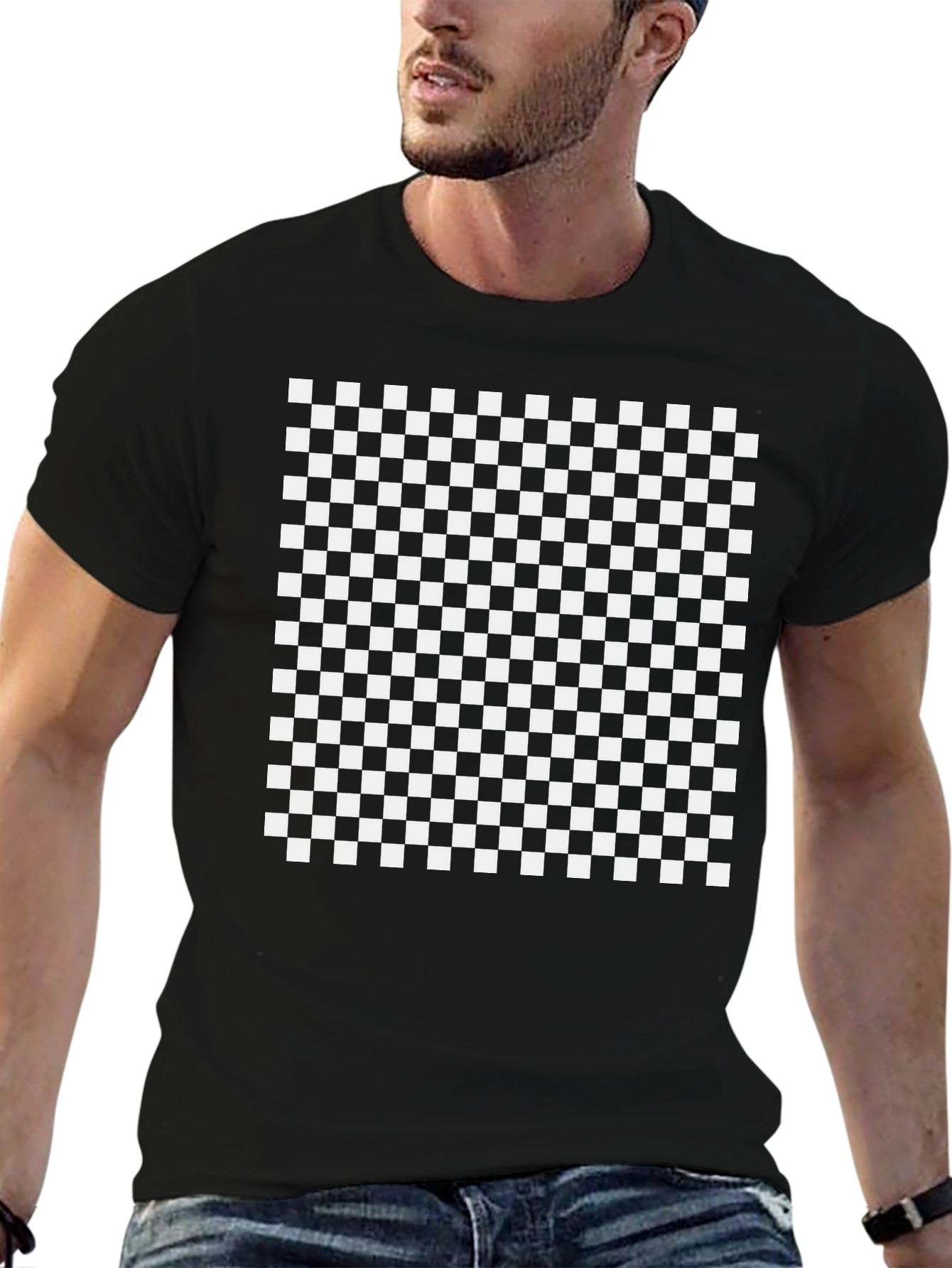 Camiseta Negra Estampado Damero Blanco/Negro