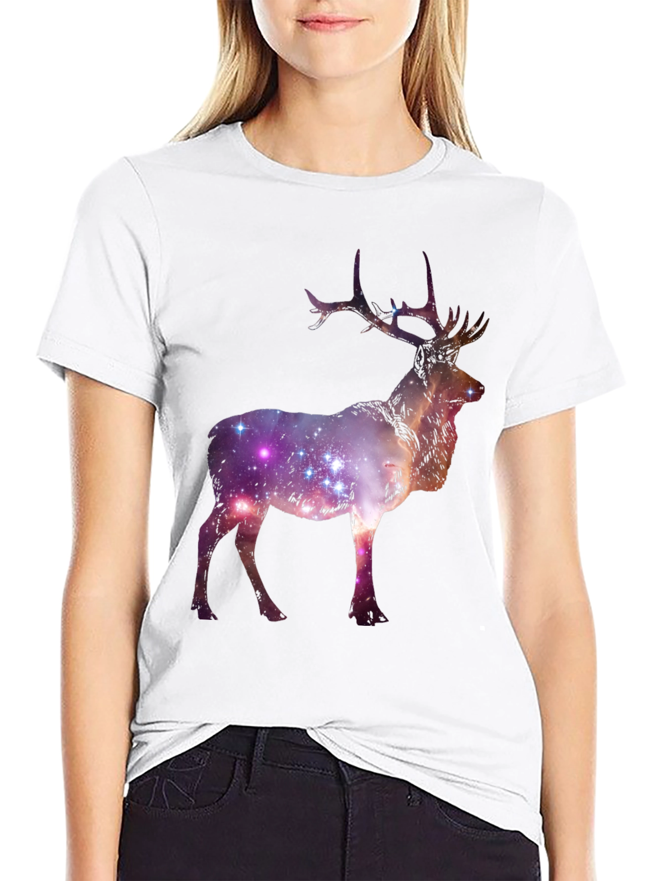 Camiseta Negra con Estampado de Ciervo Galáctico