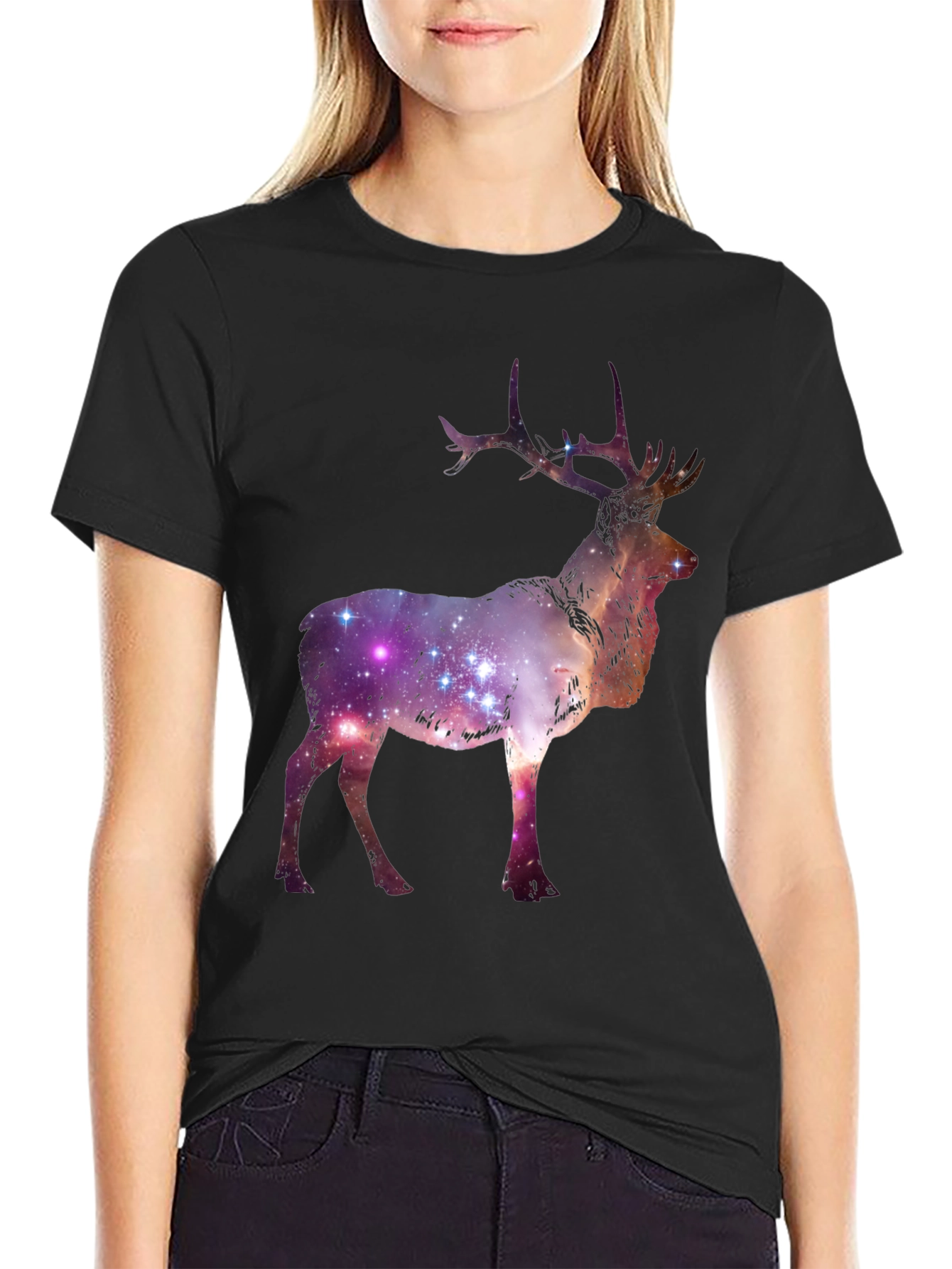 Camiseta Negra con Estampado de Ciervo Galáctico