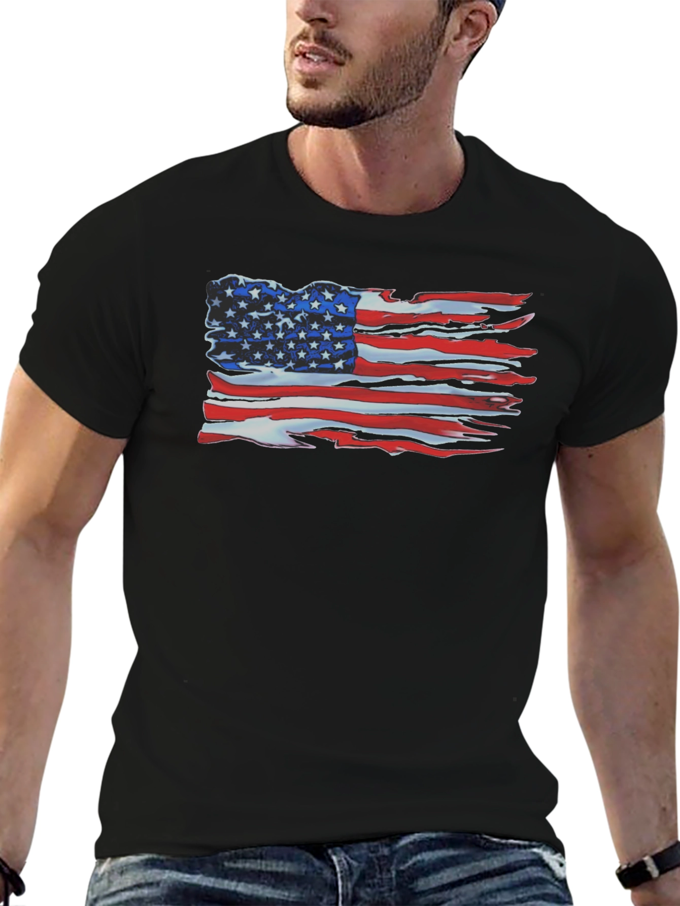 Camiseta Negra con Bandera Americana Desgastada