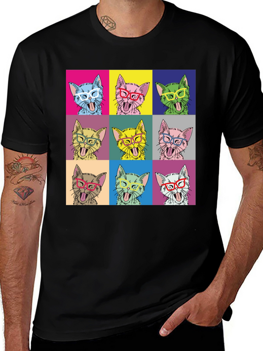 Camiseta Negra con Diseño Pop Art de Gatos con Gafas