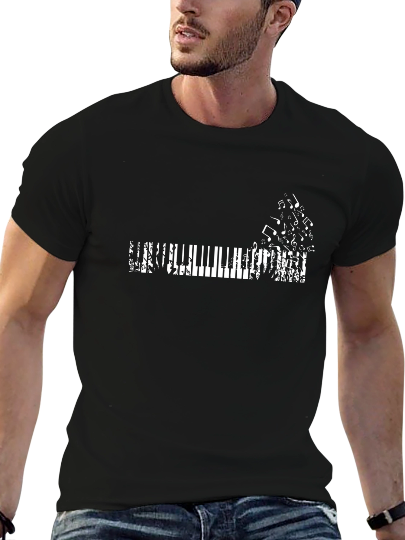 Camiseta Negra Estampado Teclas de Piano Música