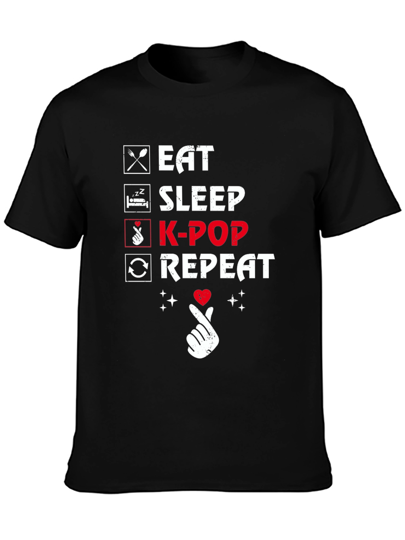 Camiseta Negra K-Pop: Come Duerme K-Pop Repite