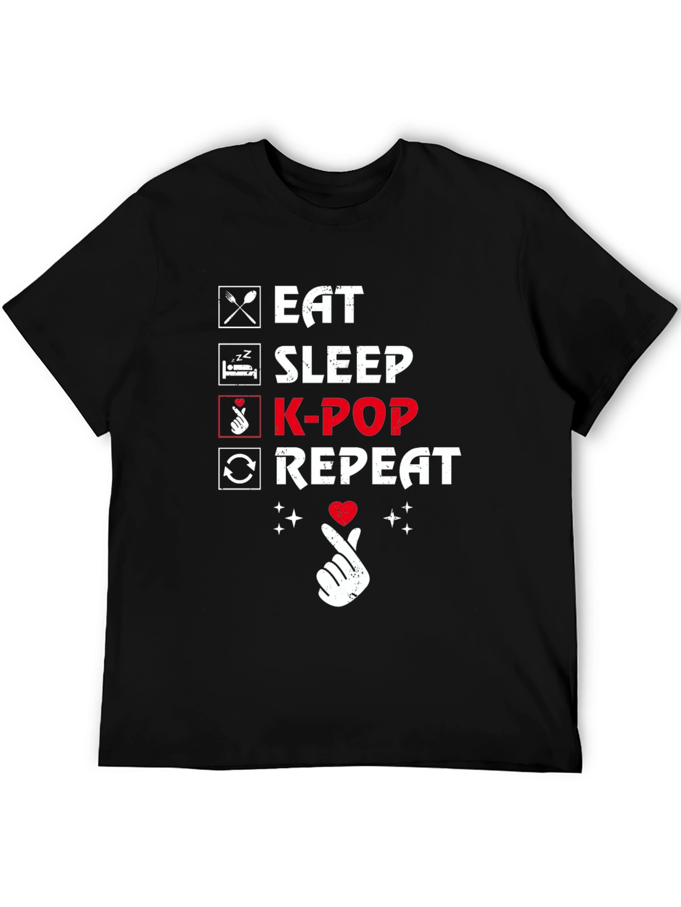 Camiseta Negra K-Pop: Come Duerme K-Pop Repite