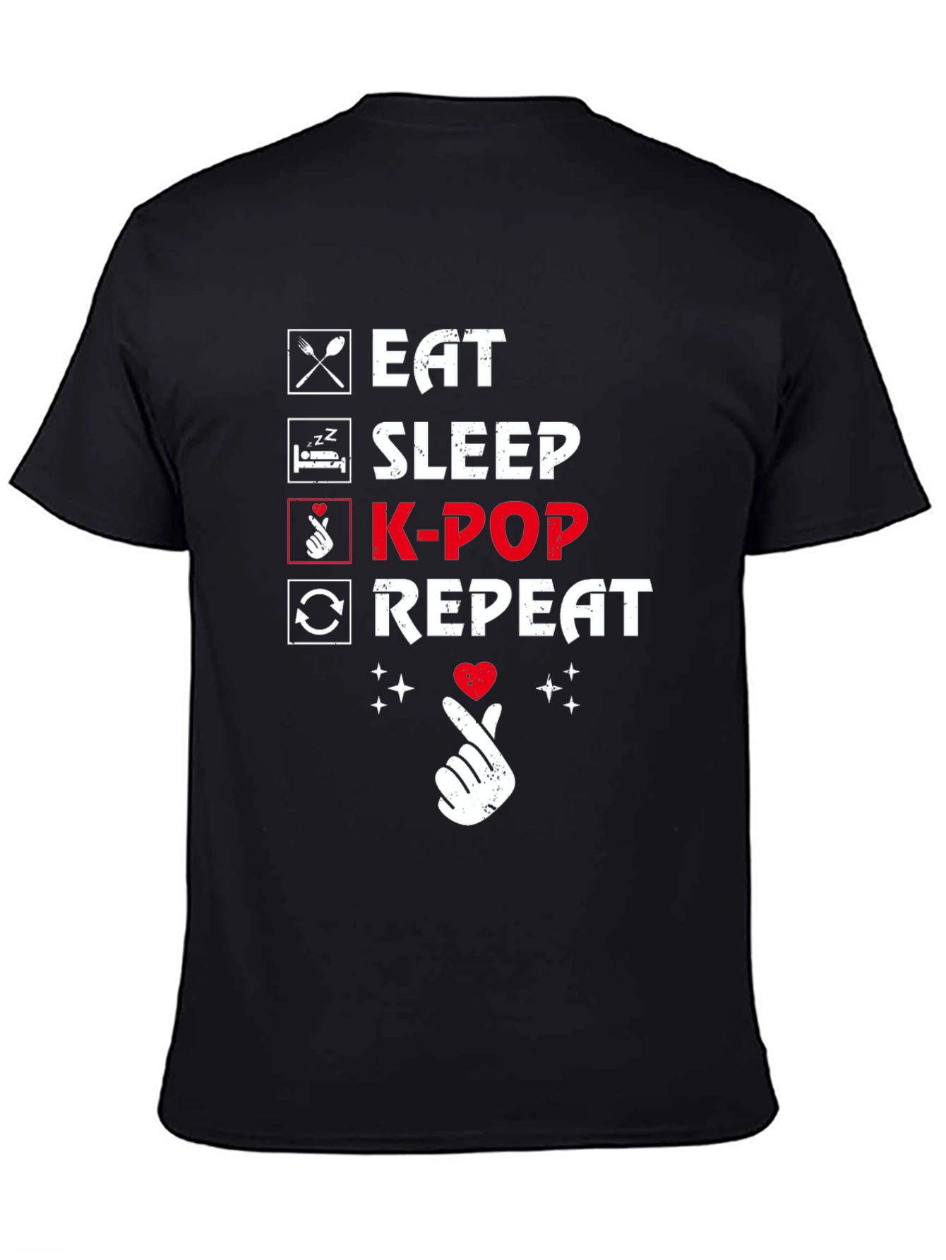 Camiseta Negra K-Pop: Come Duerme K-Pop Repite