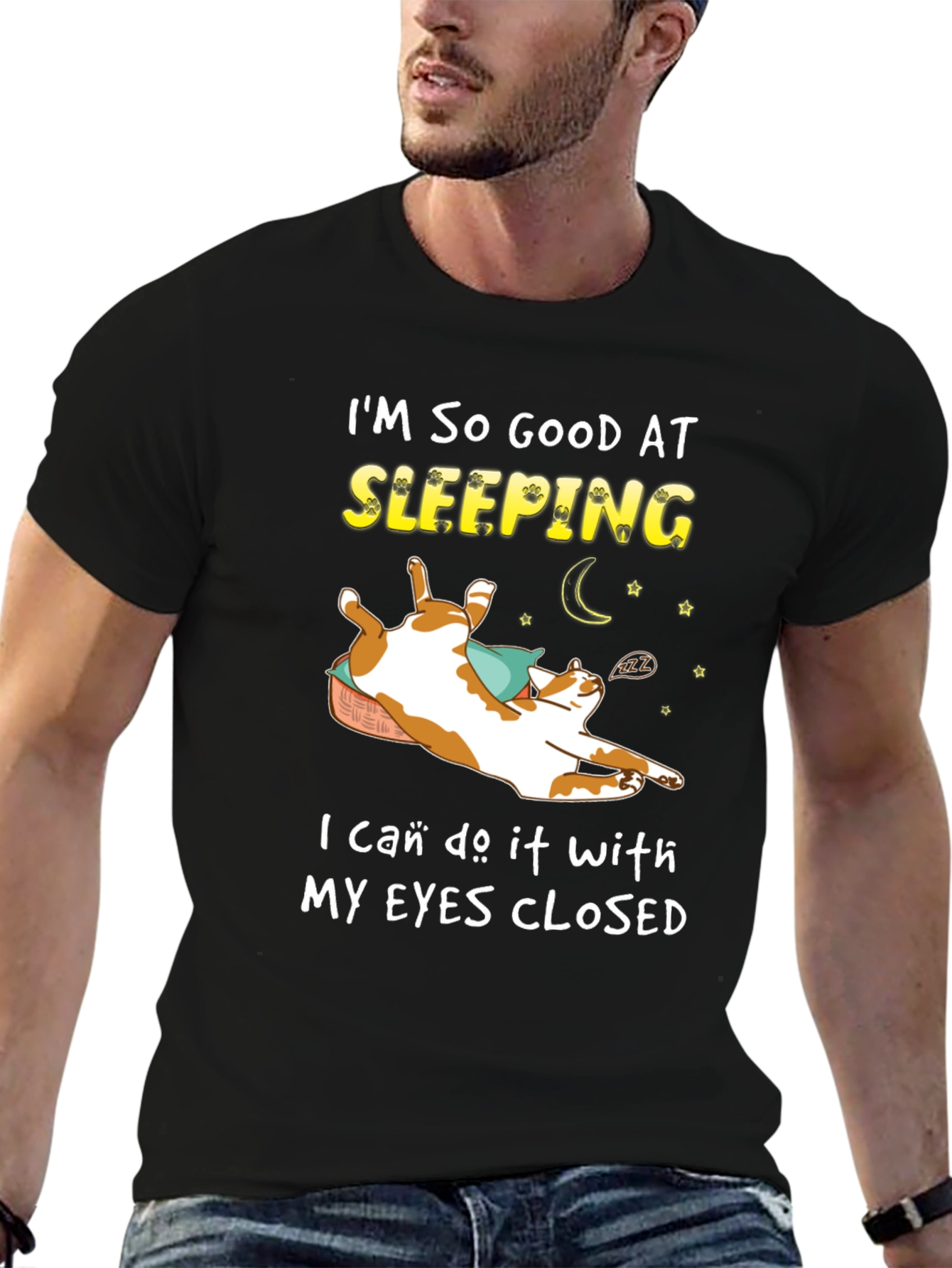 Camiseta Negra con Diseño de Gato Durmiendo
