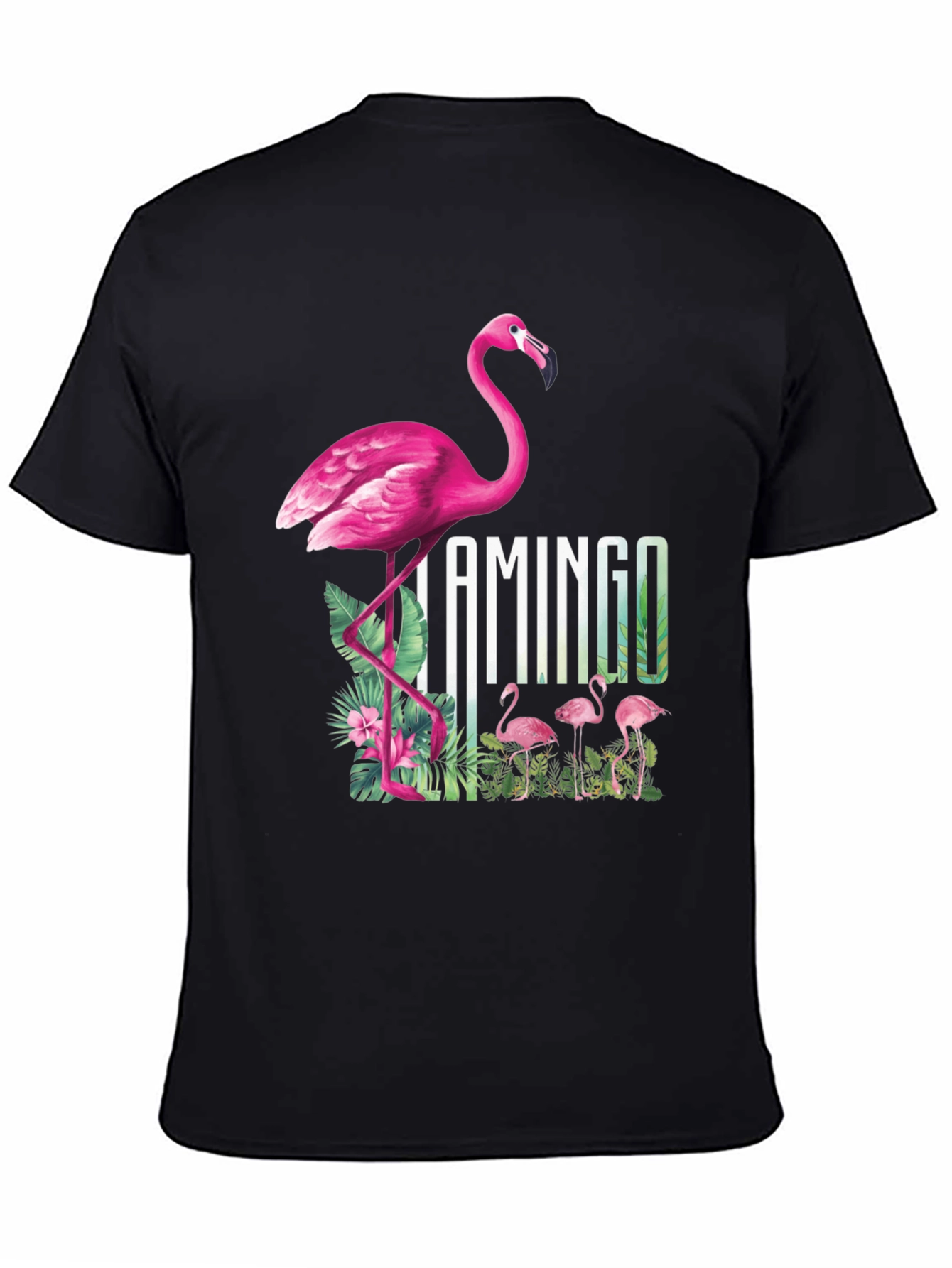 Camiseta Negra con Diseño de Flamenco Tropical