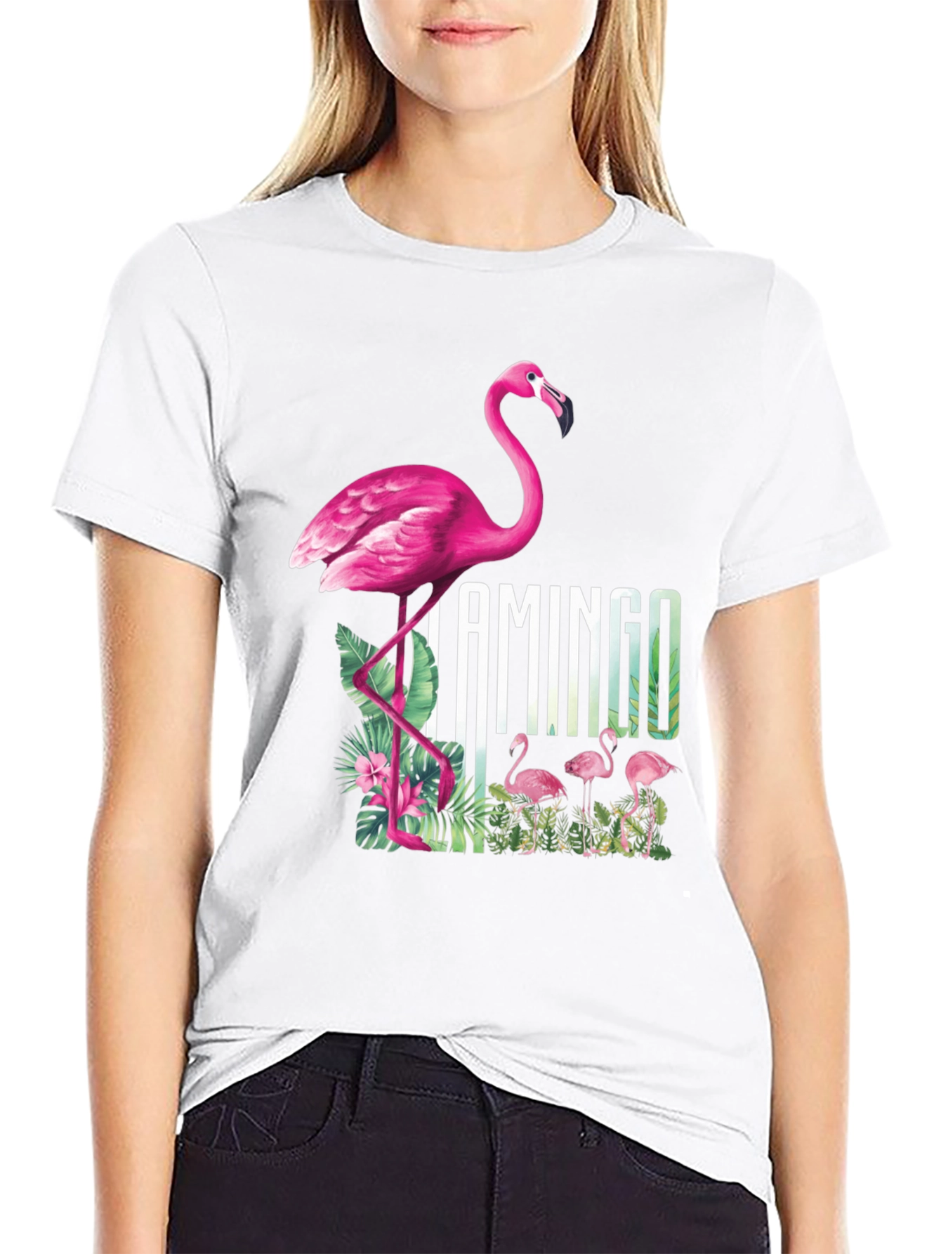 Camiseta Negra con Diseño de Flamenco Tropical