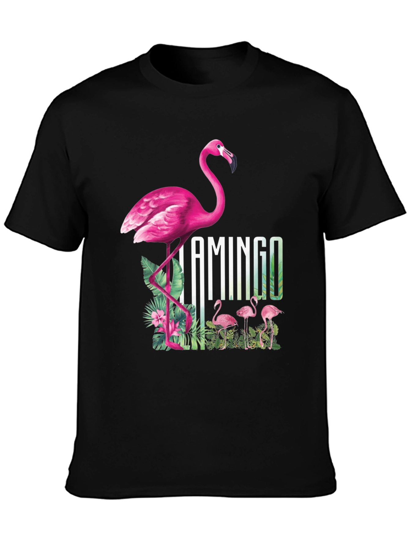 Camiseta Negra con Diseño de Flamenco Tropical