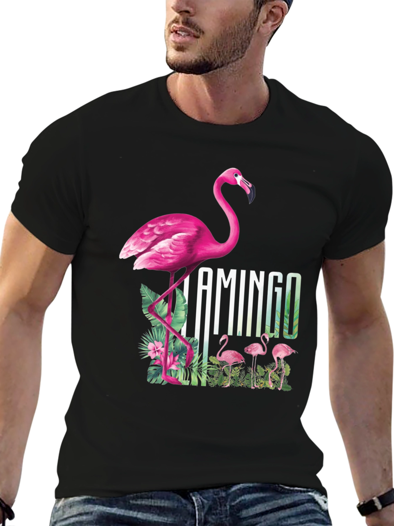 Camiseta Negra con Diseño de Flamenco Tropical
