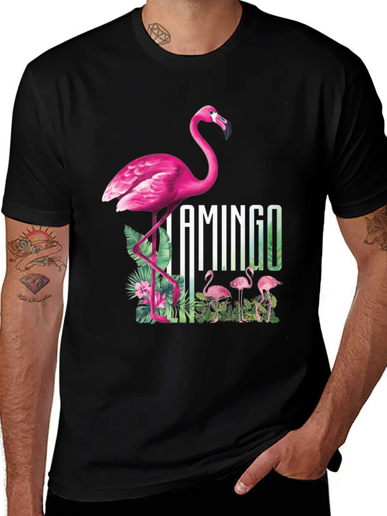 Camiseta Negra con Diseño de Flamenco Tropical