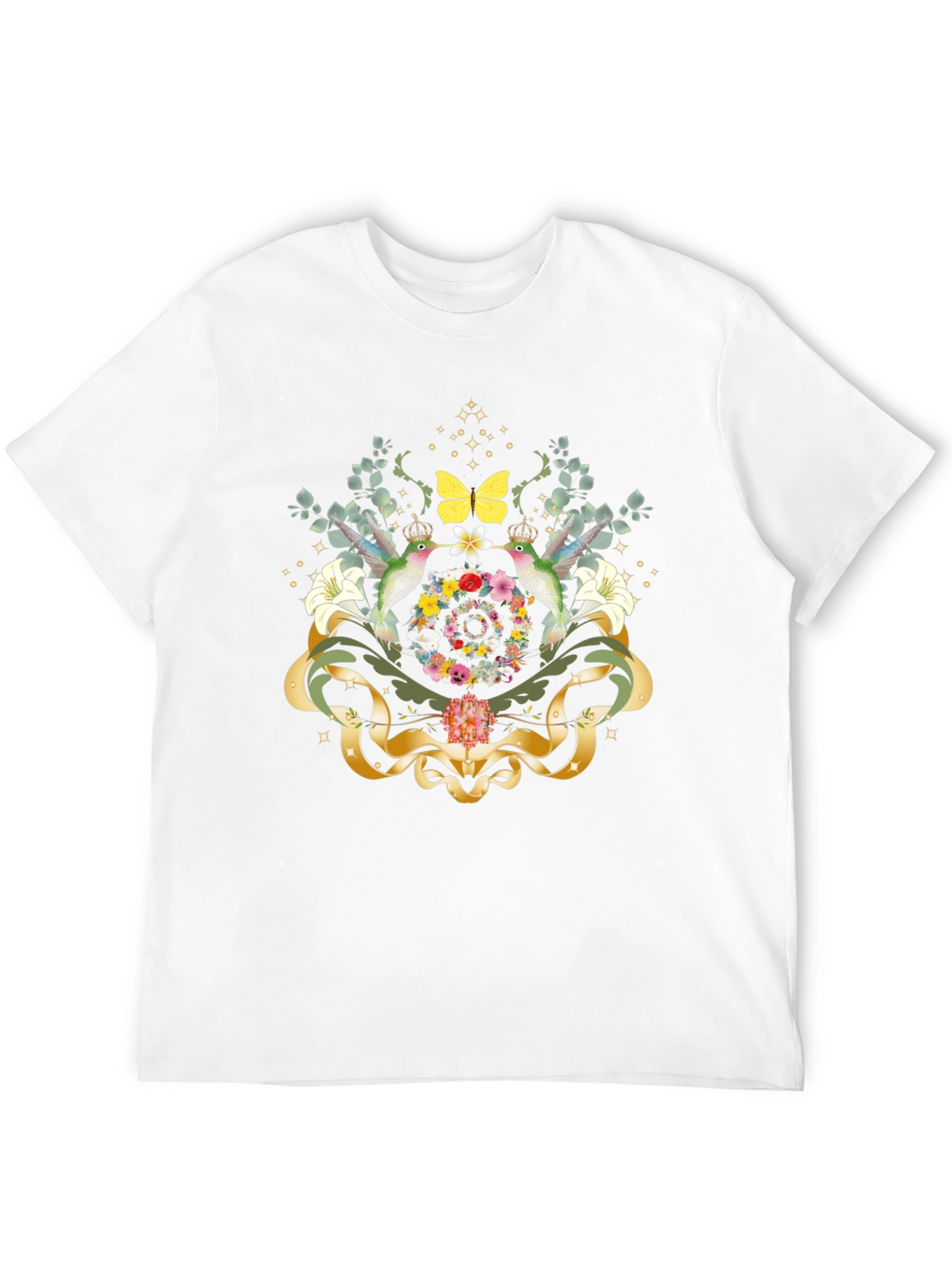 Camiseta Negra con Diseño Floral y Colibríes