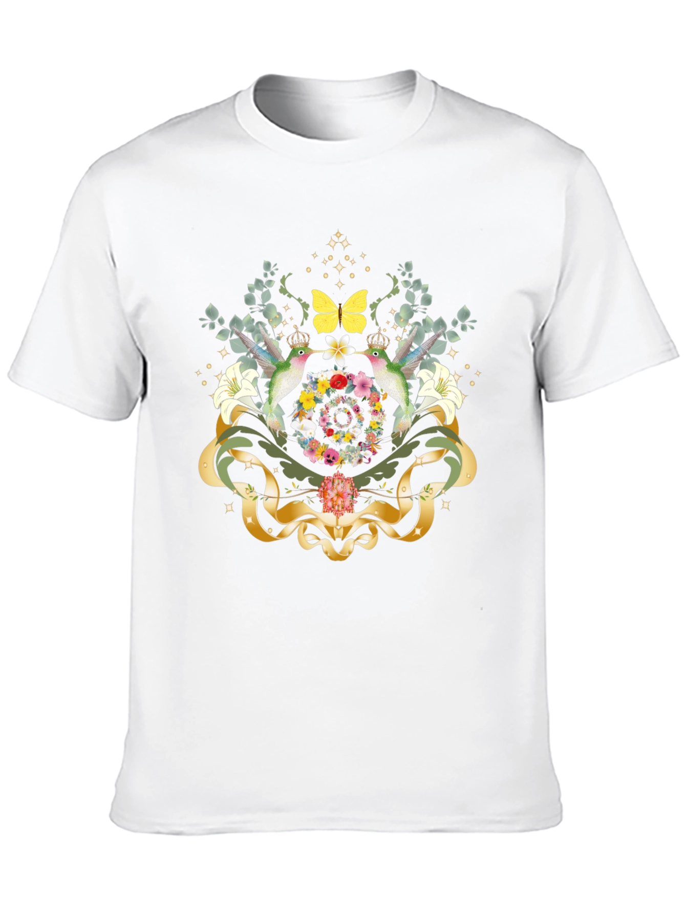 Camiseta Negra con Diseño Floral y Colibríes