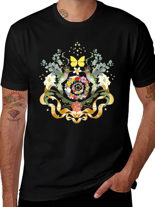 Camiseta Negra con Diseño Floral y Colibríes