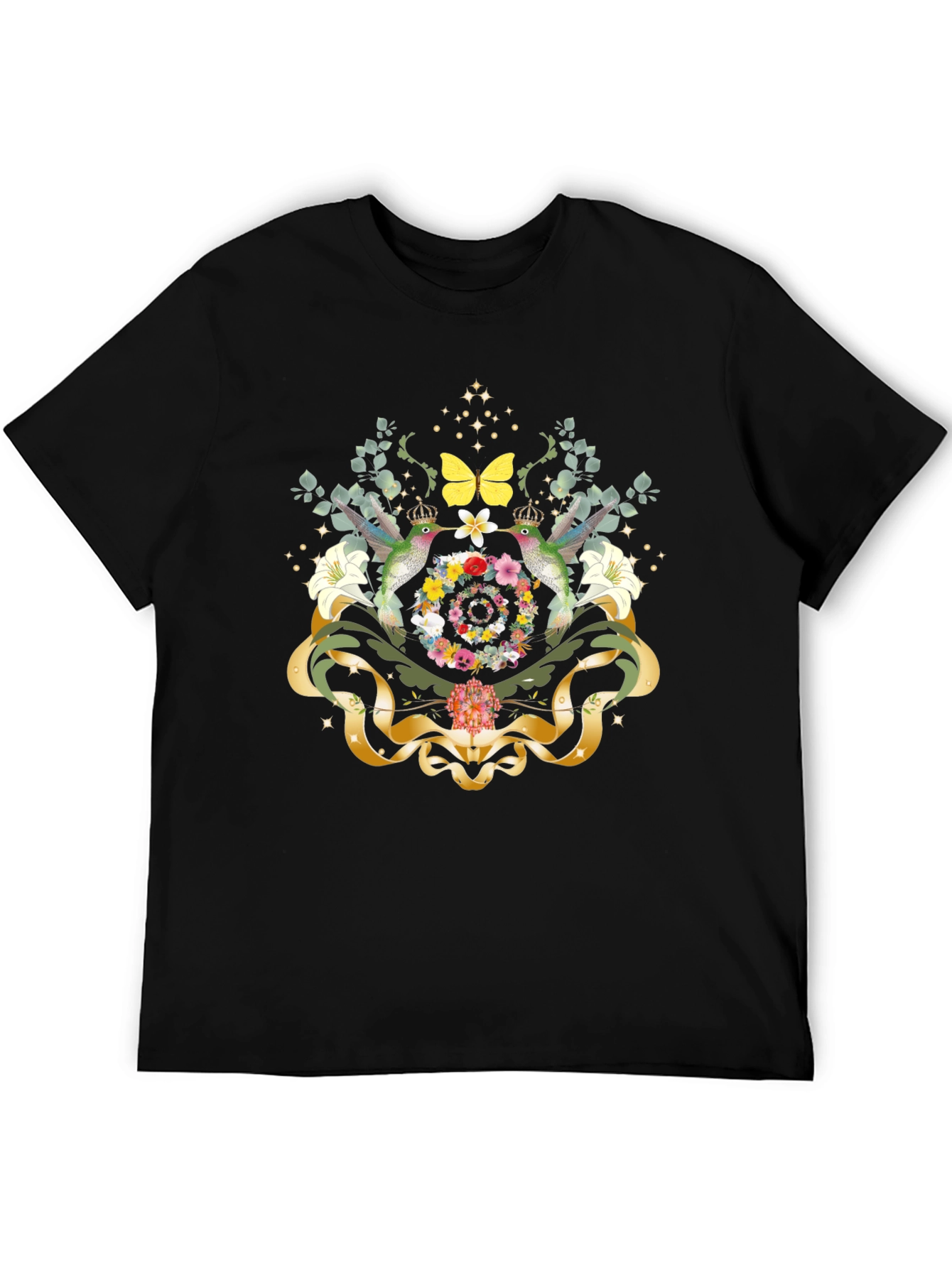 Camiseta Negra con Diseño Floral y Colibríes