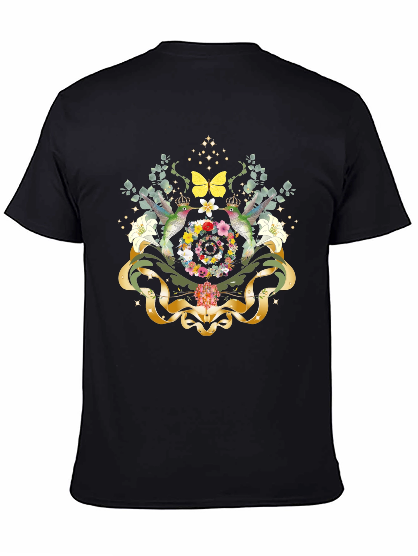 Camiseta Negra con Diseño Floral y Colibríes