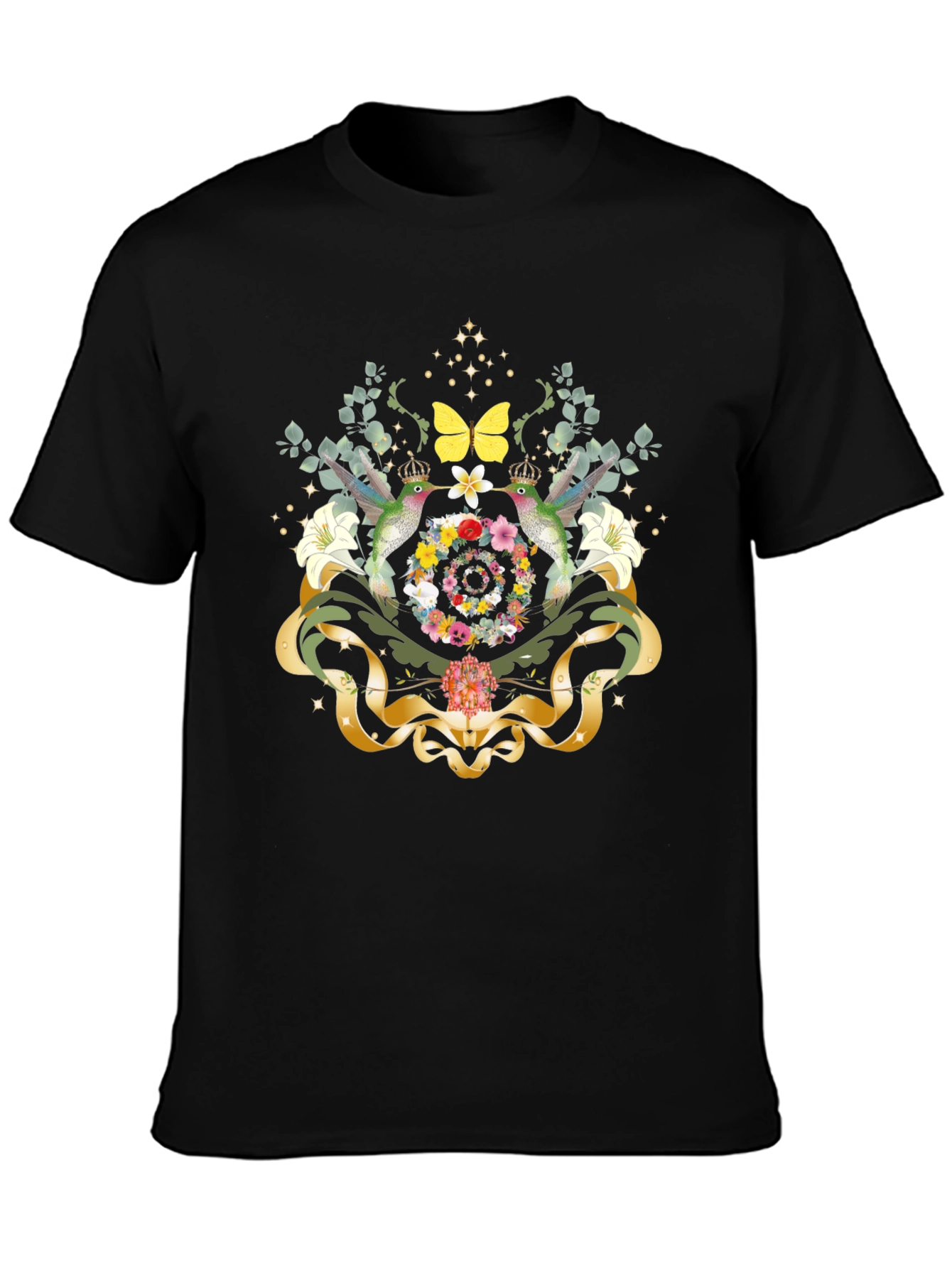 Camiseta Negra con Diseño Floral y Colibríes
