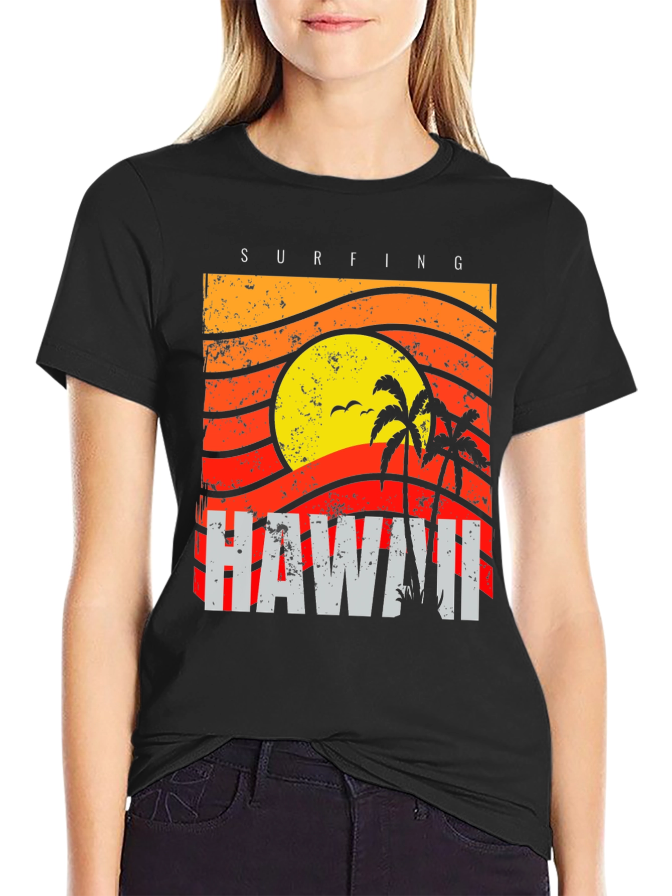 Camiseta Negra con Diseño de Hawaii Surfing