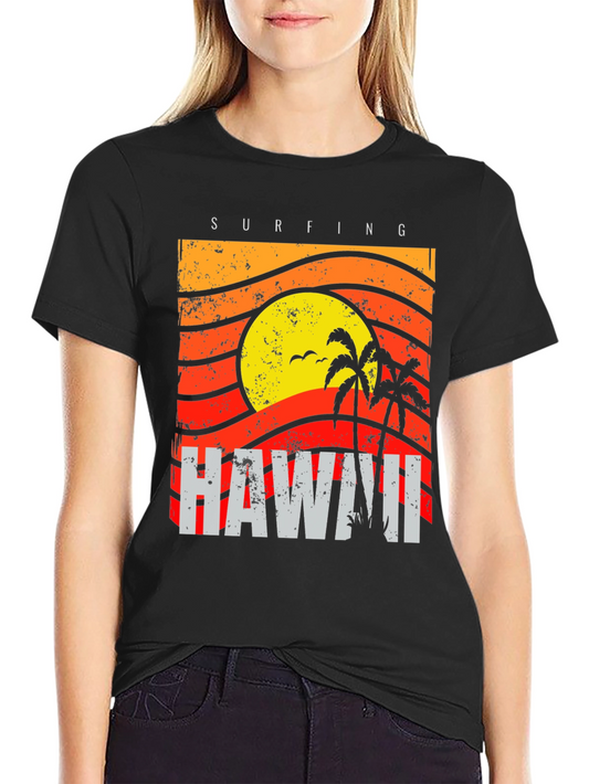 Camiseta Negra con Diseño de Hawaii Surfing